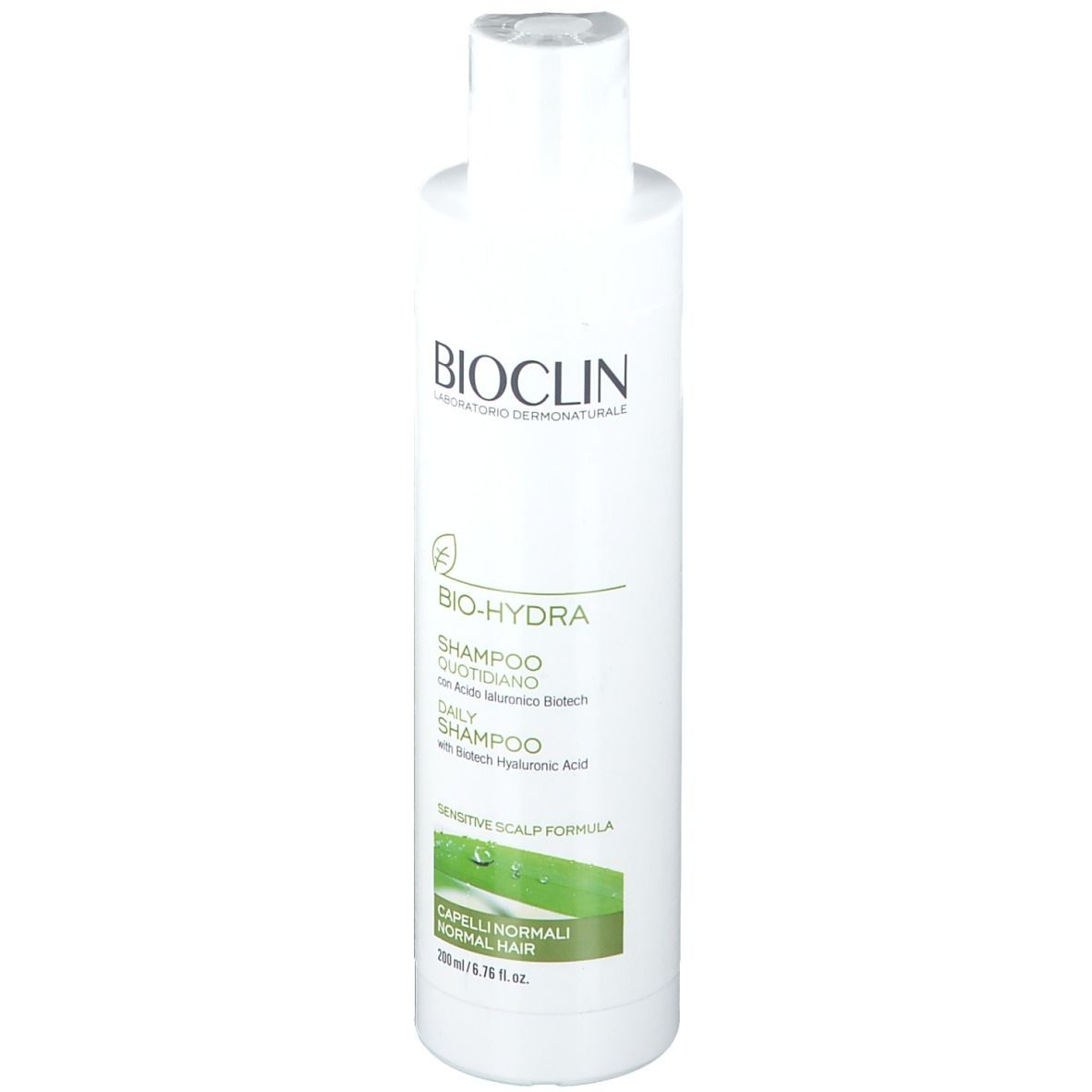 Flacone di shampoo bianco con logo BIOCLIN ed etichetta BIO-HYDRA. Testo: Shampoo quotidiano, Daily Shampoo, Capelli normali.