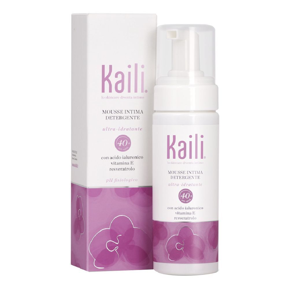 Flacone e scatola bianchi con testo viola. Scritta: Kaili Mousse Intima Detergente ultra idratante 40+.