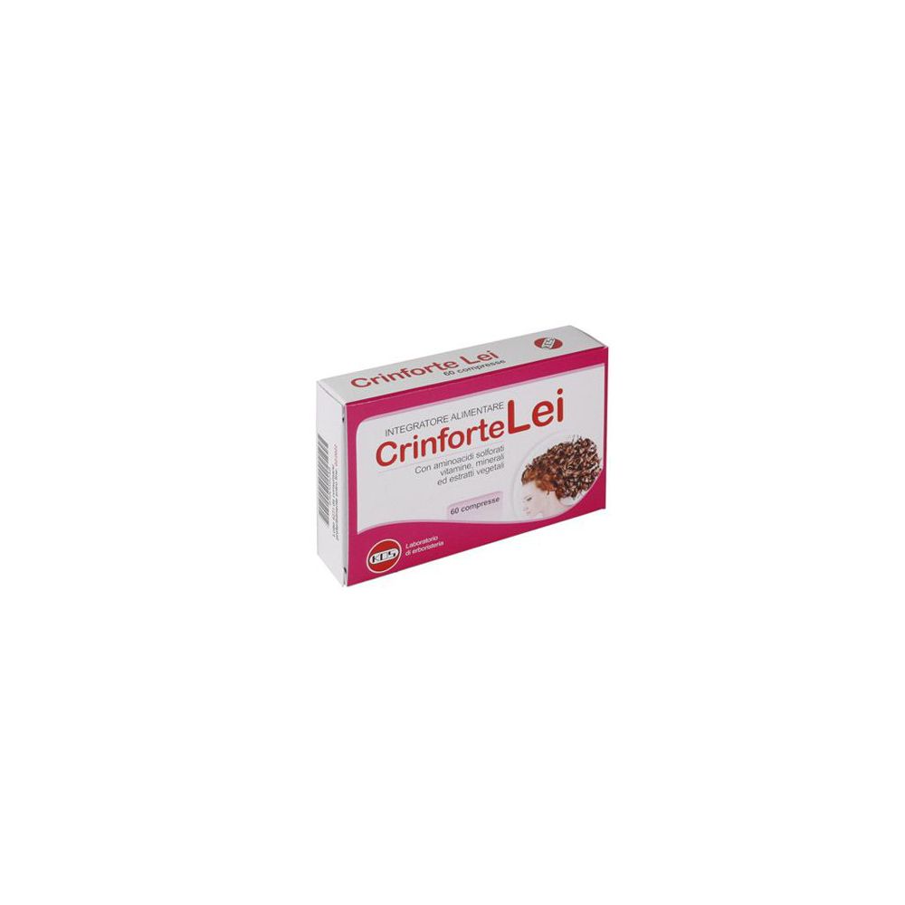 Scatola bianca e rosa con testo: Crinforte Lei, Integratore Alimentare. Logo KOS.