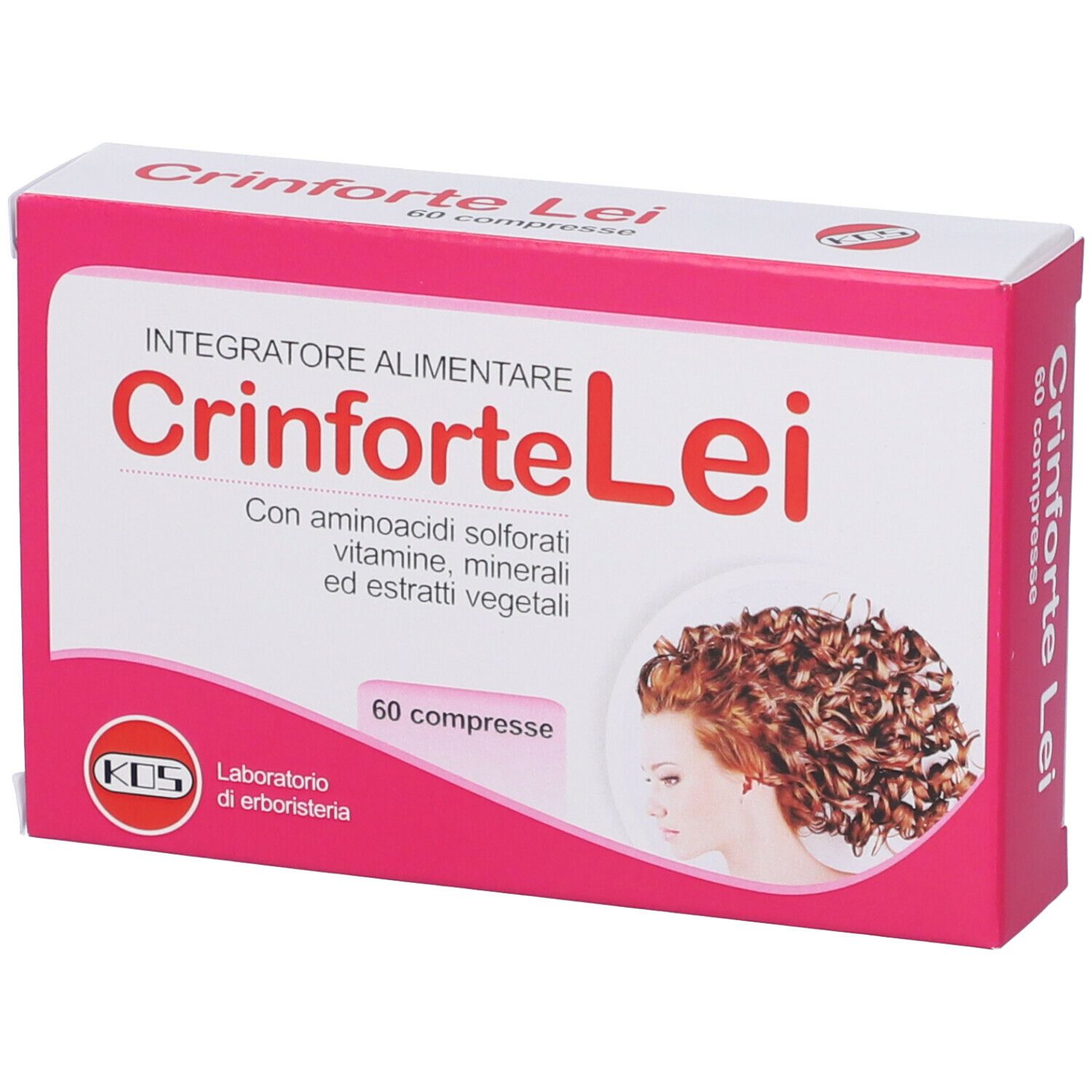 Confezione rosa e bianca. Testo: Crinforte Lei, Integratore Alimentare, 60 compresse. Donna con ricci.