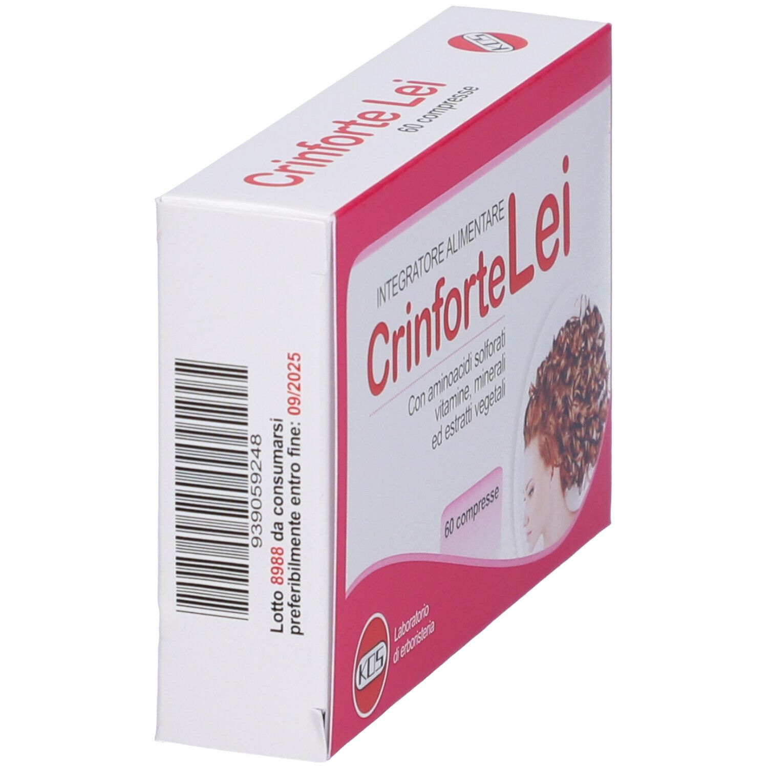 Confezione inclinata. Testo: Crinforte Lei, 60 compresse. Codice a barre e data di scadenza. Logo KOS.