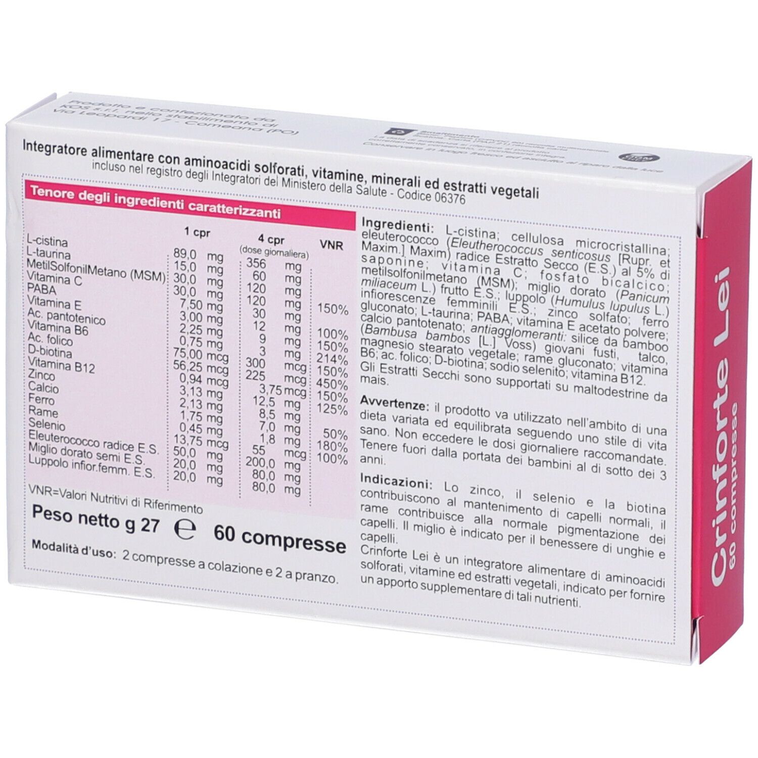 Confezione aperta. Testo: Crinforte Lei, 60 compresse. Ingredienti e informazioni nutrizionali.