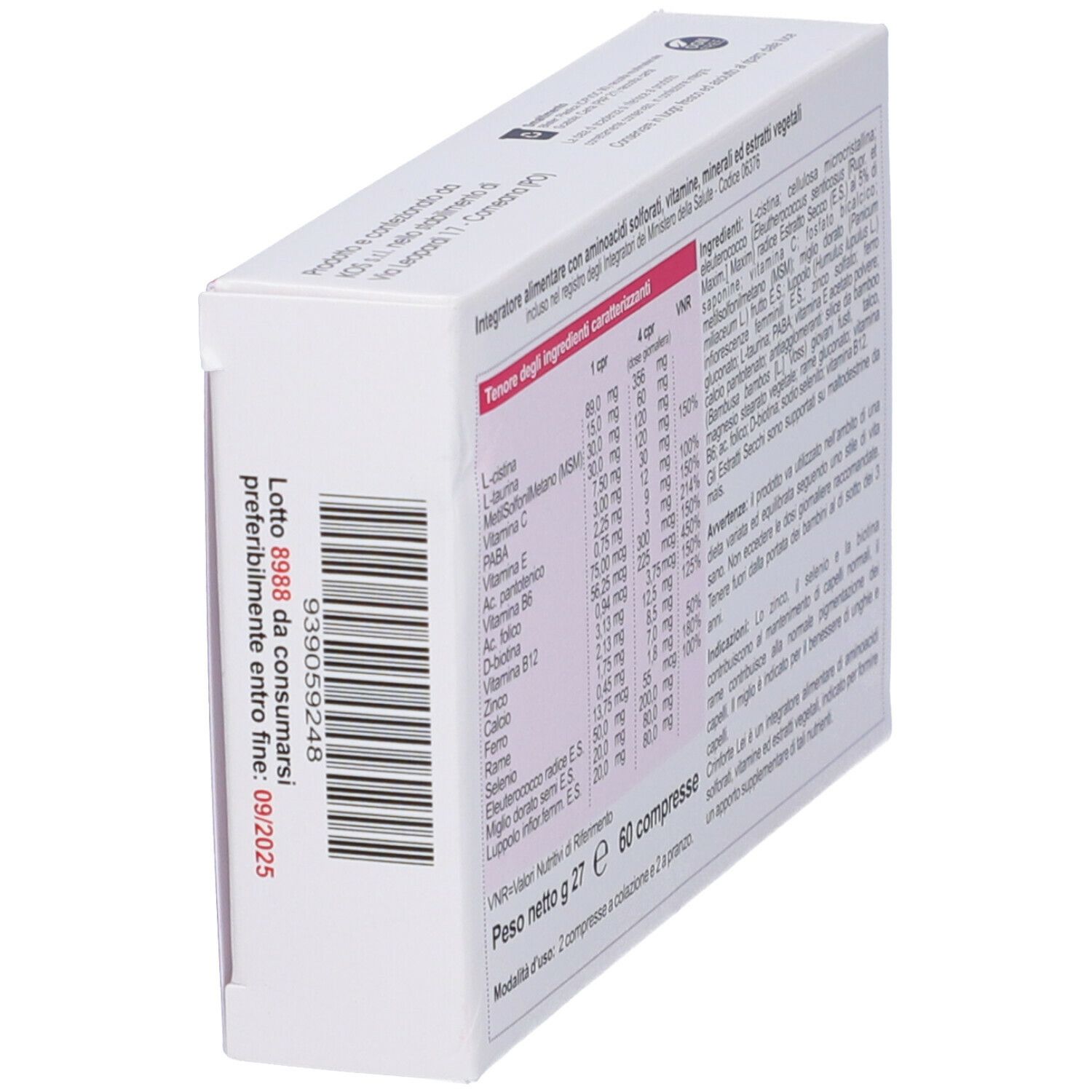 Confezione inclinata. Testo: Crinforte Lei, 60 compresse. Ingredienti e informazioni nutrizionali.