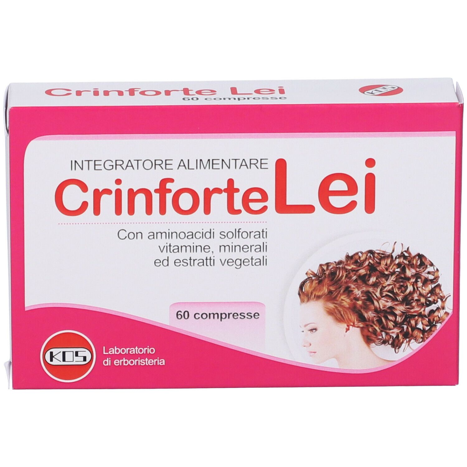 Confezione del prodotto. Testo: Crinforte Lei, Integratore Alimentare, 60 compresse. Donna con ricci. Logo KOS.