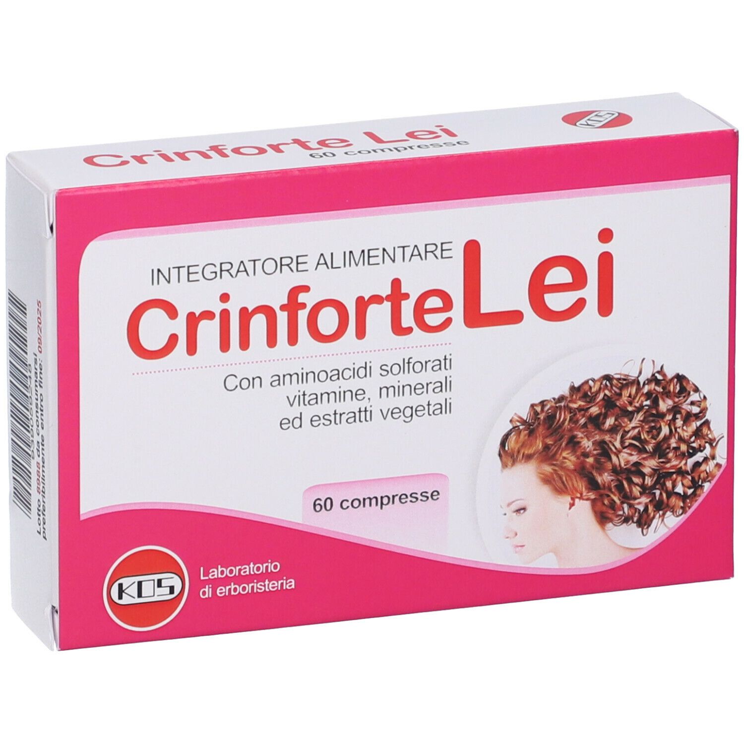 Confezione del prodotto. Testo: Crinforte Lei, Integratore Alimentare, 60 compresse. Donna con ricci. Logo KOS.