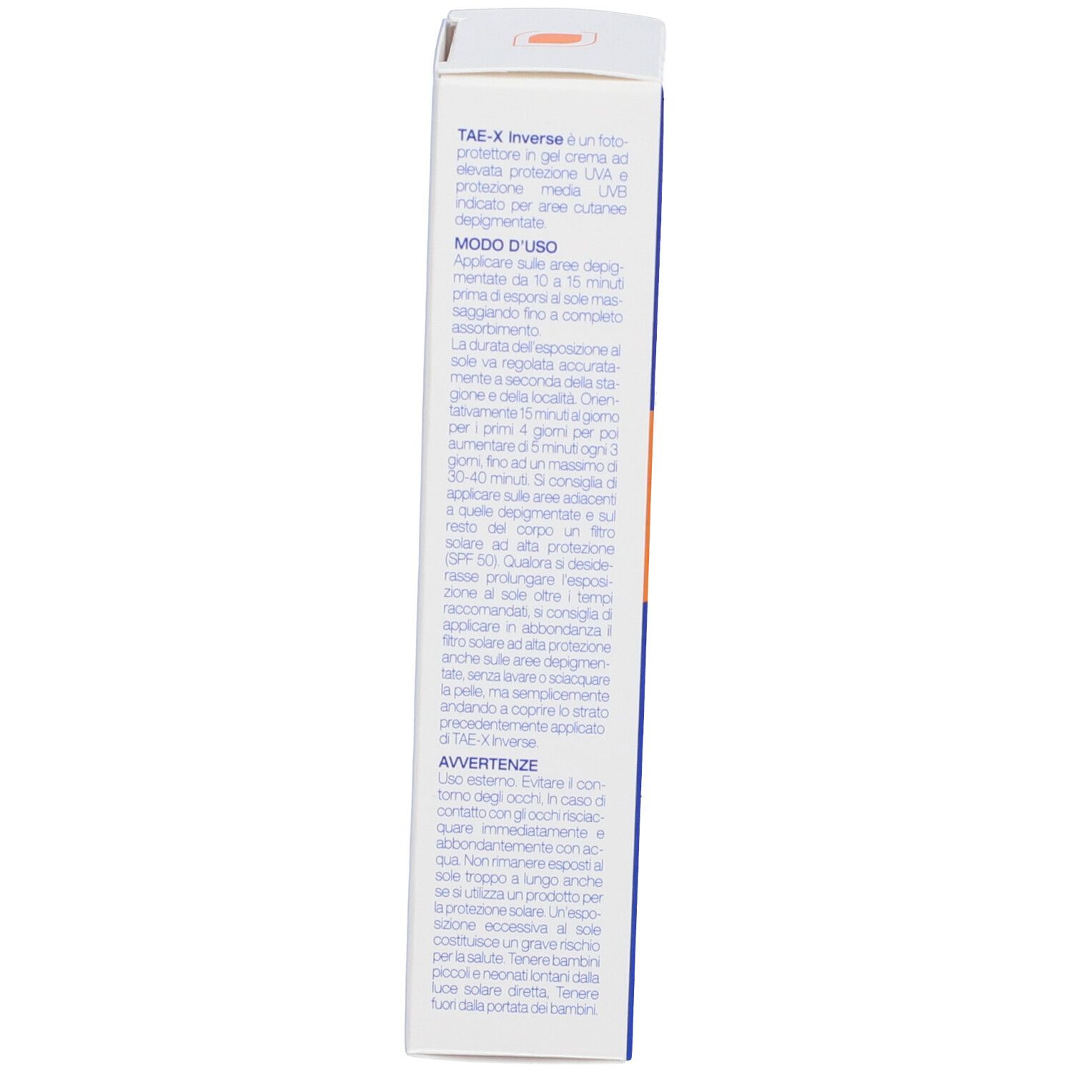 Lato della confezione Tae-X Inverse crema solare con istruzioni per l'uso.