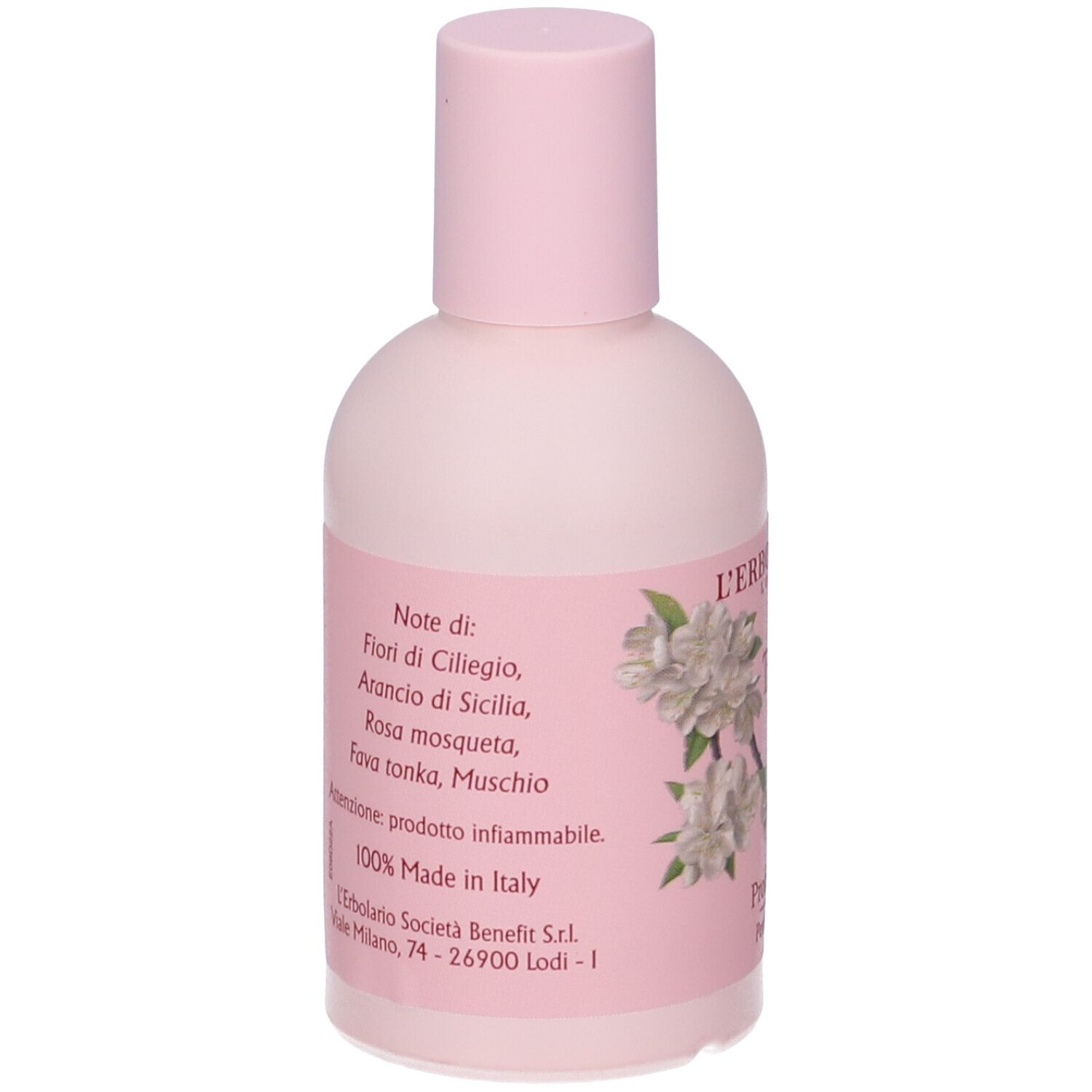 Retro del flacone rosa. Etichetta con ingredienti e testo: 100% Made in Italy.