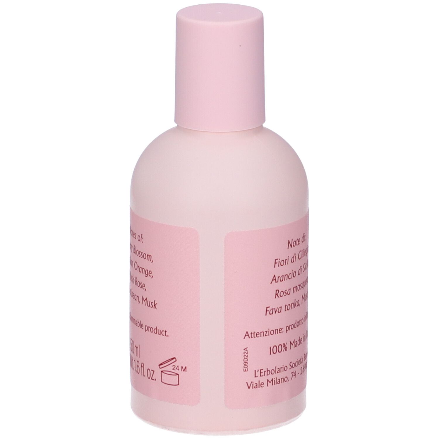 Retro del flacone rosa. Etichetta con ingredienti e testo: 50ml Net Wt. 1.6 fl oz.