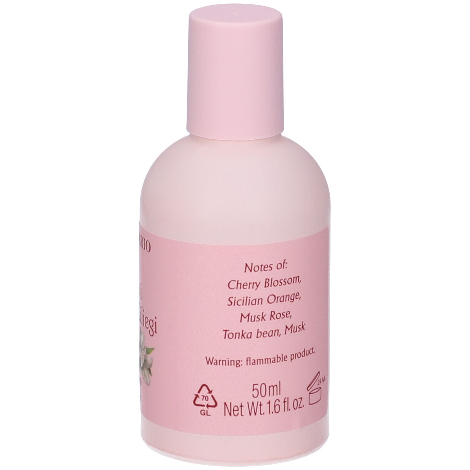 Retro del flacone rosa. Etichetta con ingredienti e testo: 50ml Net Wt. 1.6 fl oz.