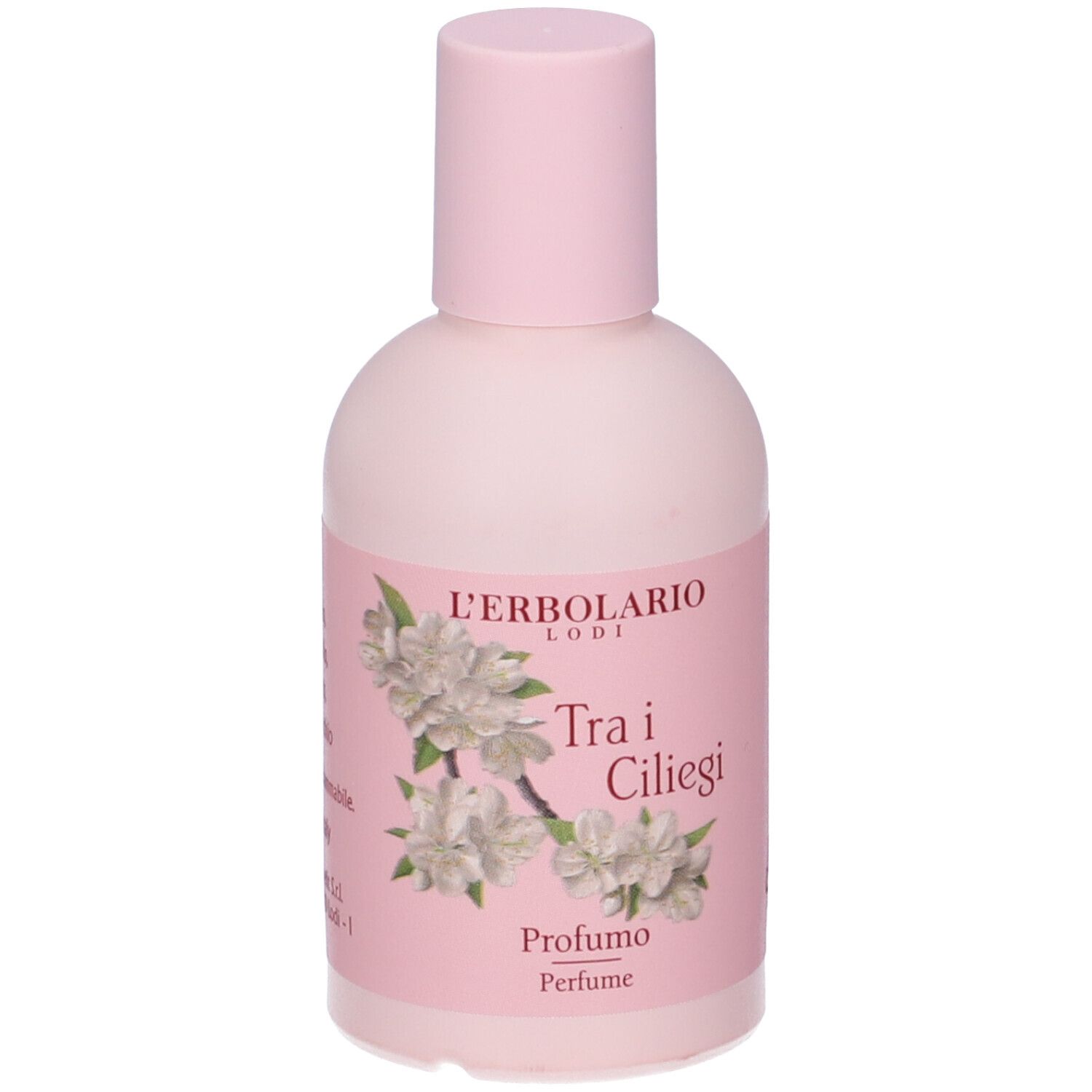 Flacone rosa con tappo rosa. Etichetta con design floreale e testo: Tra i Ciliegi Profumo.