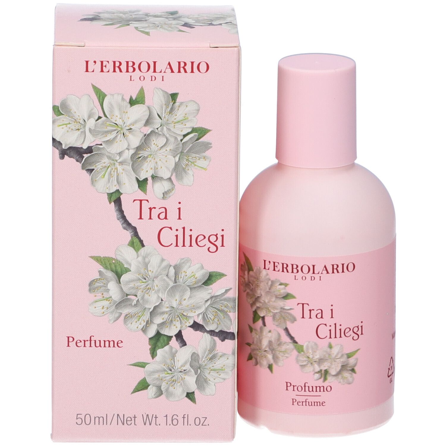 Flacone e scatola rosa. Etichetta e scatola con design floreale e testo: Tra i Ciliegi Profumo.