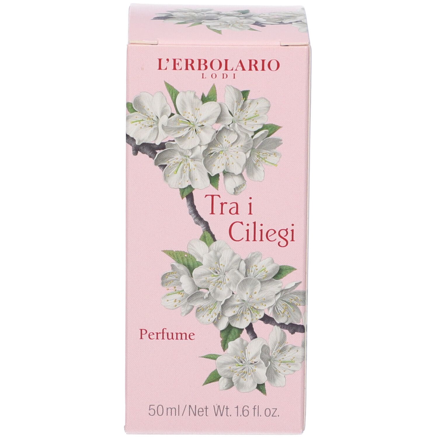 Scatola rosa con design floreale e testo: Tra i Ciliegi Profumo. 50ml/Net Wt. 1.6 fl.oz.