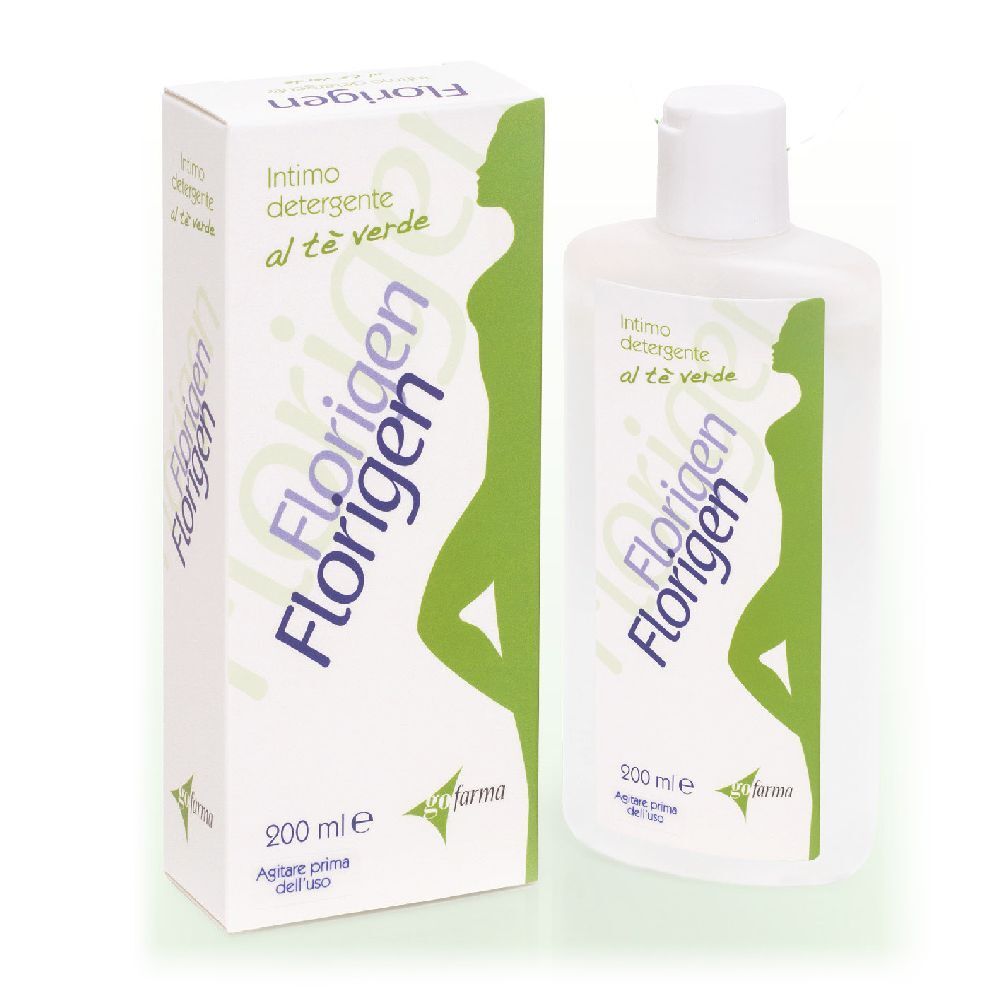 Flacone e scatola bianchi. Nome del prodotto e silhouette verde. Testo: Intimo detergente al tè verde.