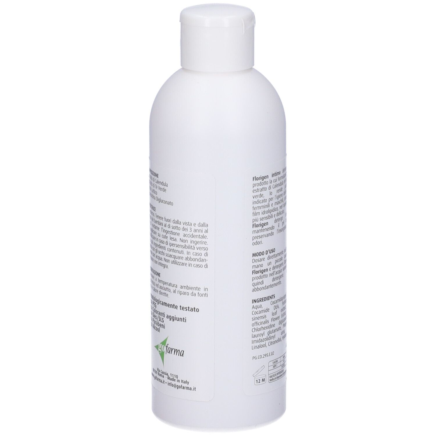 Flacone bianco con testo del prodotto e ingredienti. Scritta: Florigen Intimo detergente. Con tappo bianco.