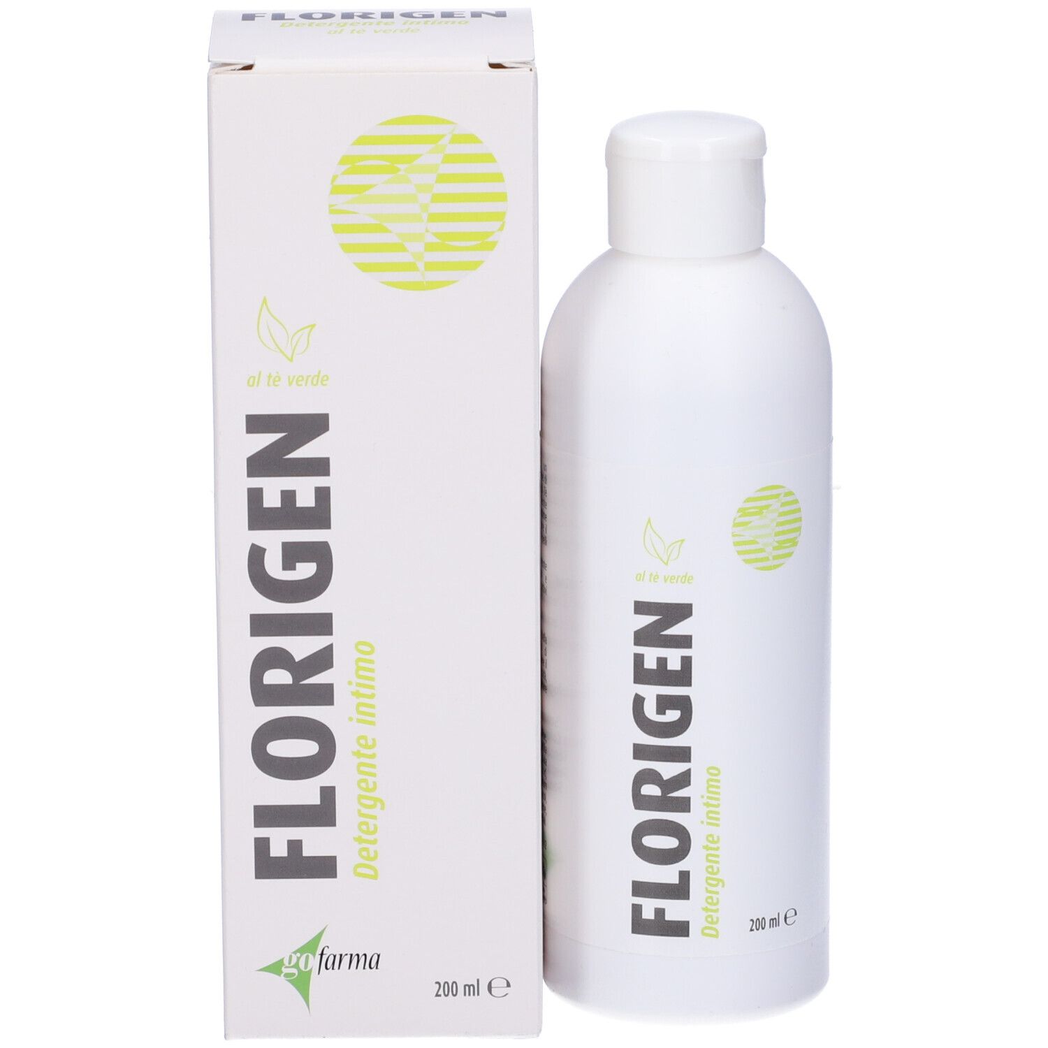 Flacone e scatola bianchi. Nome del prodotto ed elementi verdi. Testo: Florigen Intimo detergente. Con tappo bianco.