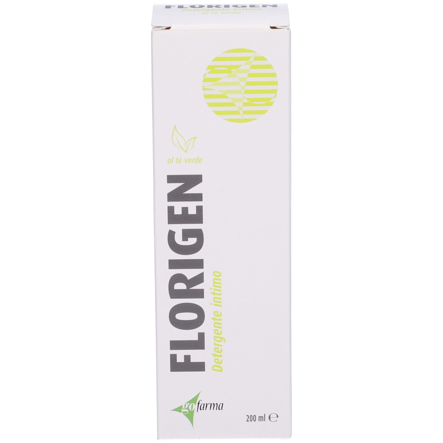 Scatola con nome del prodotto ed elementi verdi. Testo: Florigen Intimo detergente. Con sfondo bianco.