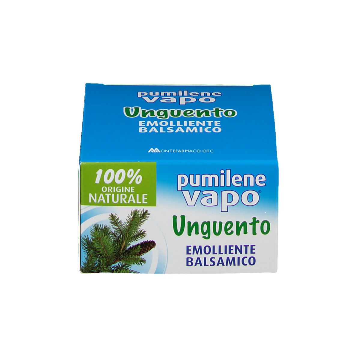 Scatola blu con nome e logo del prodotto. 100% origine naturale. Immagine di un pino.