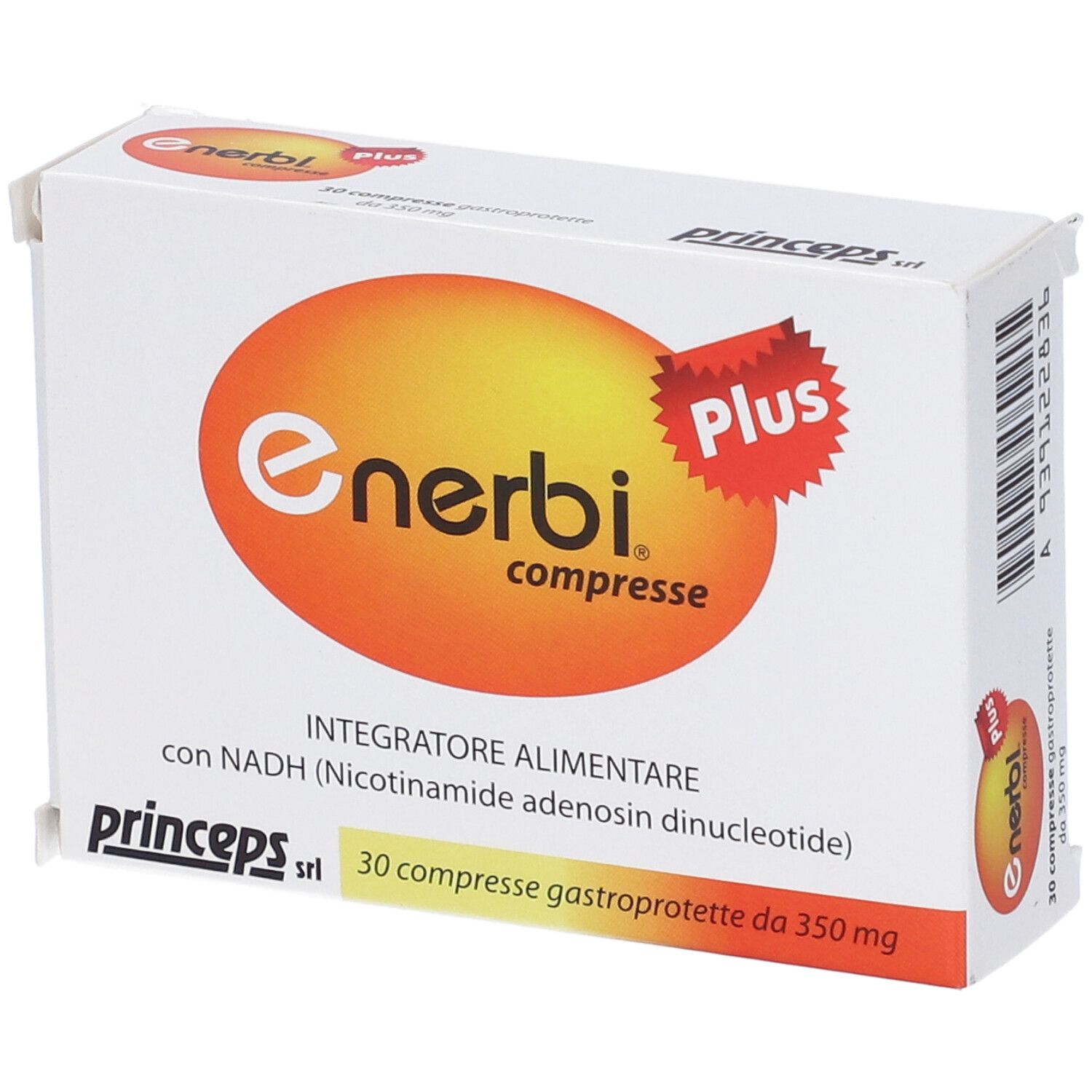Scatola bianca Enerbi Plus. Logo arancione. Adesivo Plus rosso. Testo: 30 compresse. Marchio: Princeps.