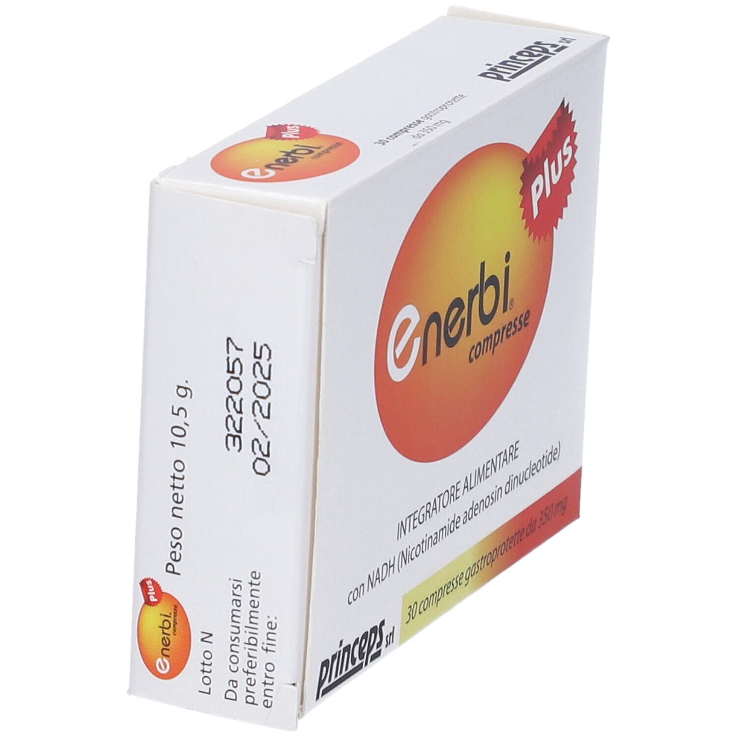 Scatola Enerbi Plus, angolata. Logo arancione. Adesivo Plus rosso. Testo: 30 compresse. Marchio: Princeps.