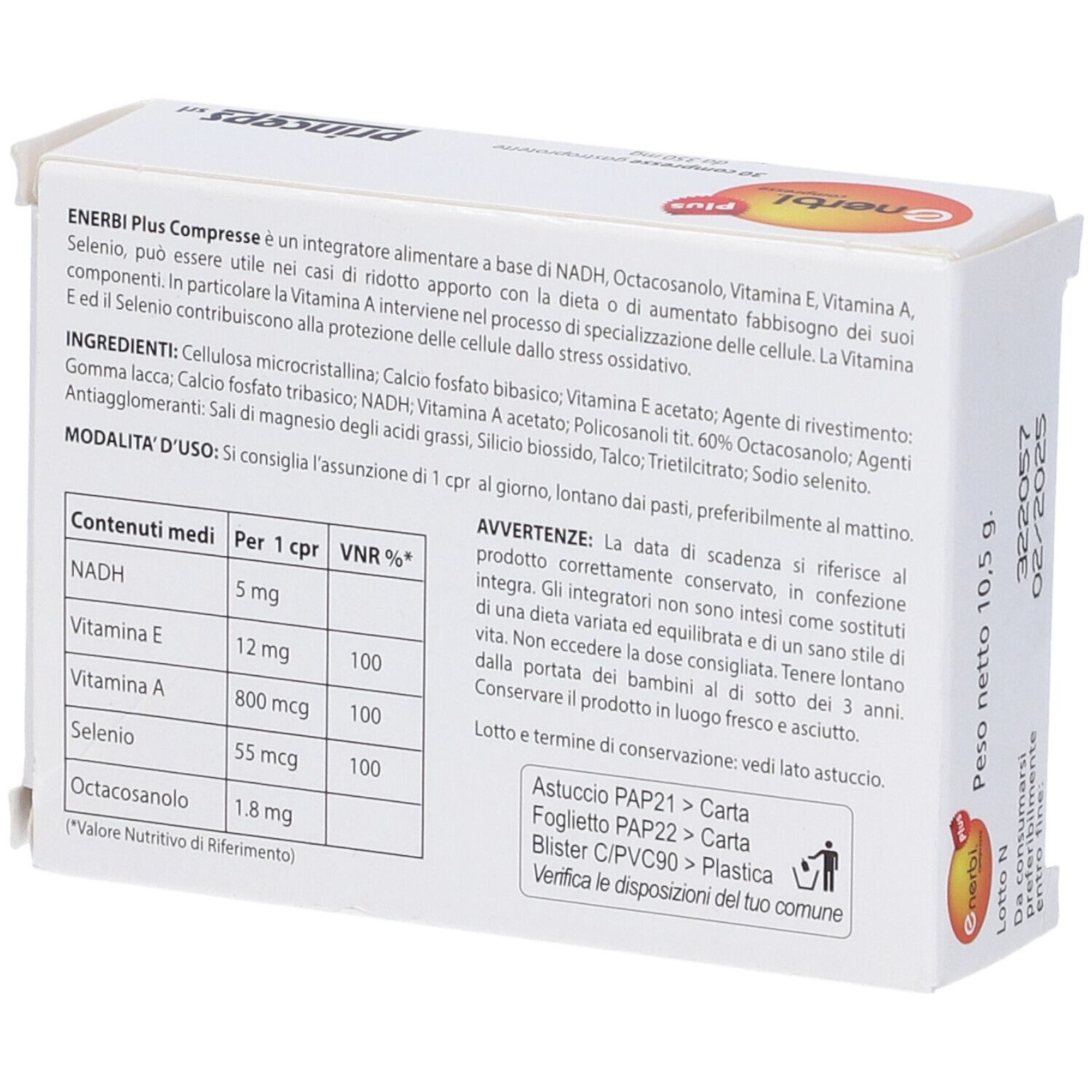 Retro della scatola Enerbi Plus. Testo con ingredienti e informazioni nutrizionali. Marchio: Princeps.