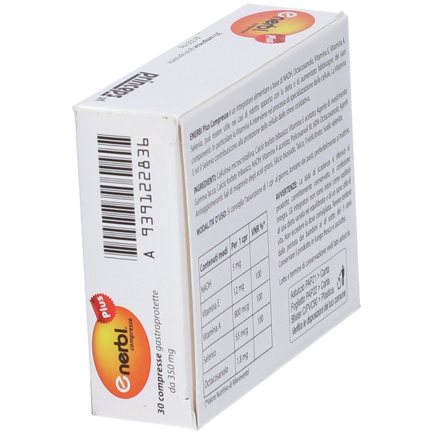 Scatola Enerbi Plus, angolata. Testo con ingredienti e informazioni nutrizionali. Marchio: Princeps. Codice a barre.
