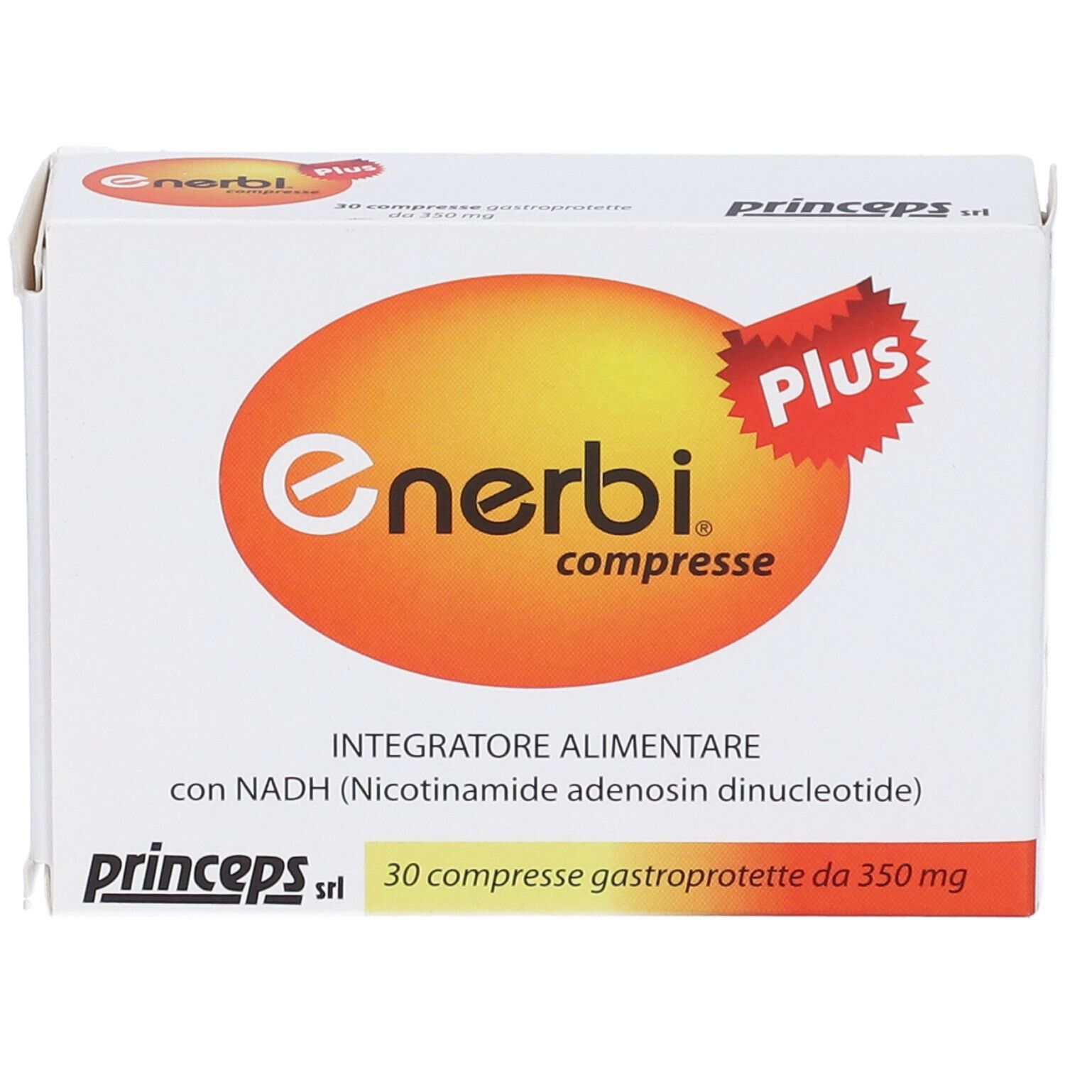 Scatola bianca Enerbi Plus. Logo arancione. Adesivo Plus rosso. Testo: 30 compresse. Marchio: Princeps.