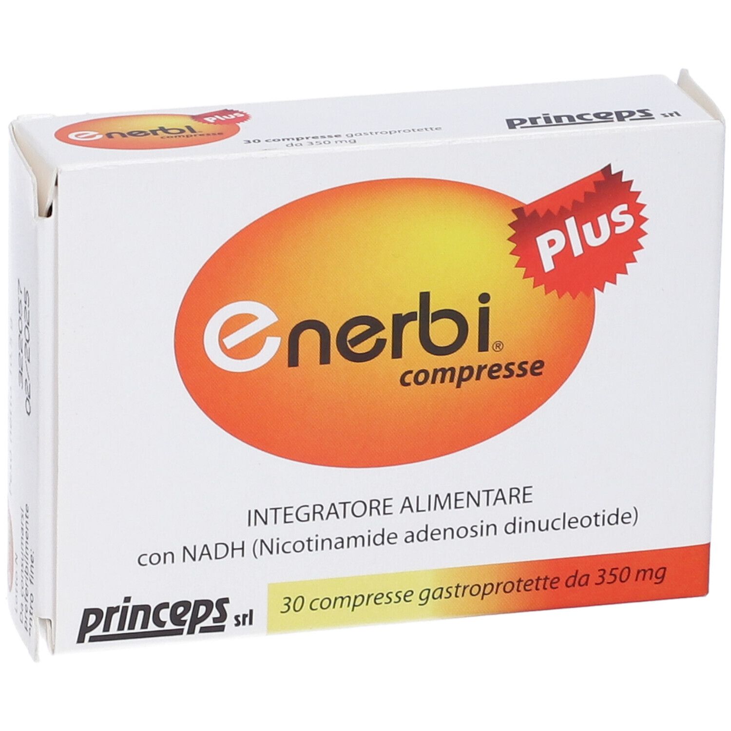 Scatola bianca Enerbi Plus. Logo arancione. Adesivo Plus rosso. Testo: 30 compresse. Marchio: Princeps.