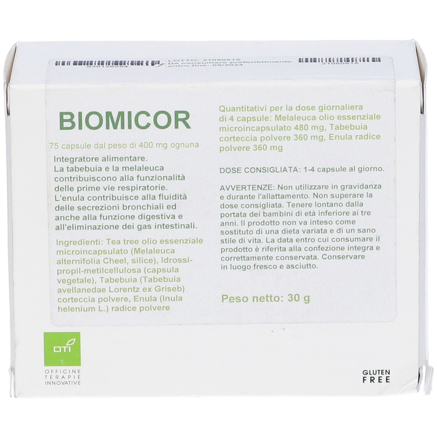 Scatola bianca con testo. Scritto: BIOMICOR, 75 capsule. Contiene ingredienti e informazioni nutrizionali. Logo senza glutine.