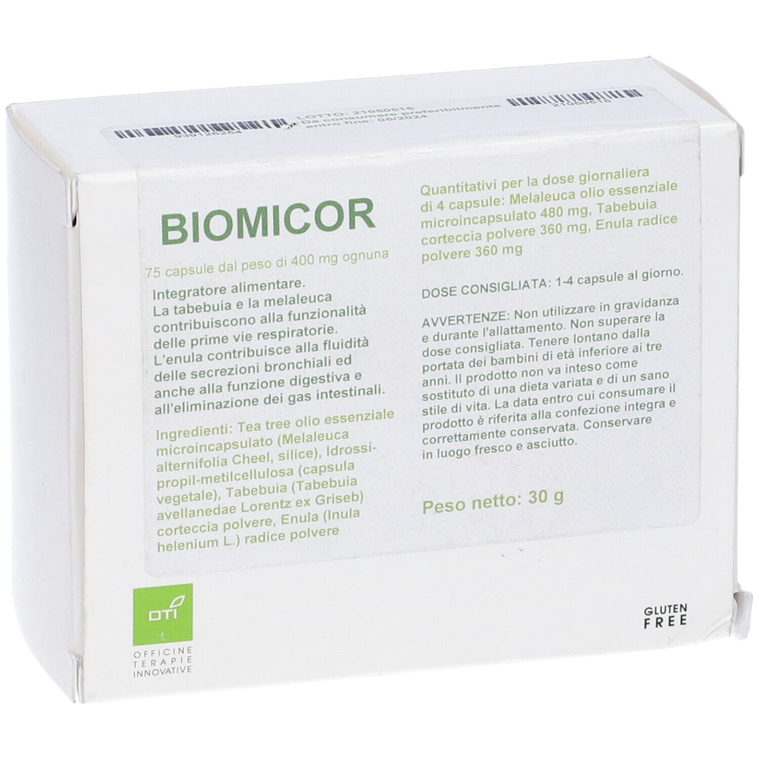 Scatola bianca con testo. Scritto: BIOMICOR, 75 capsule. Contiene ingredienti e informazioni nutrizionali. Logo senza glutine.