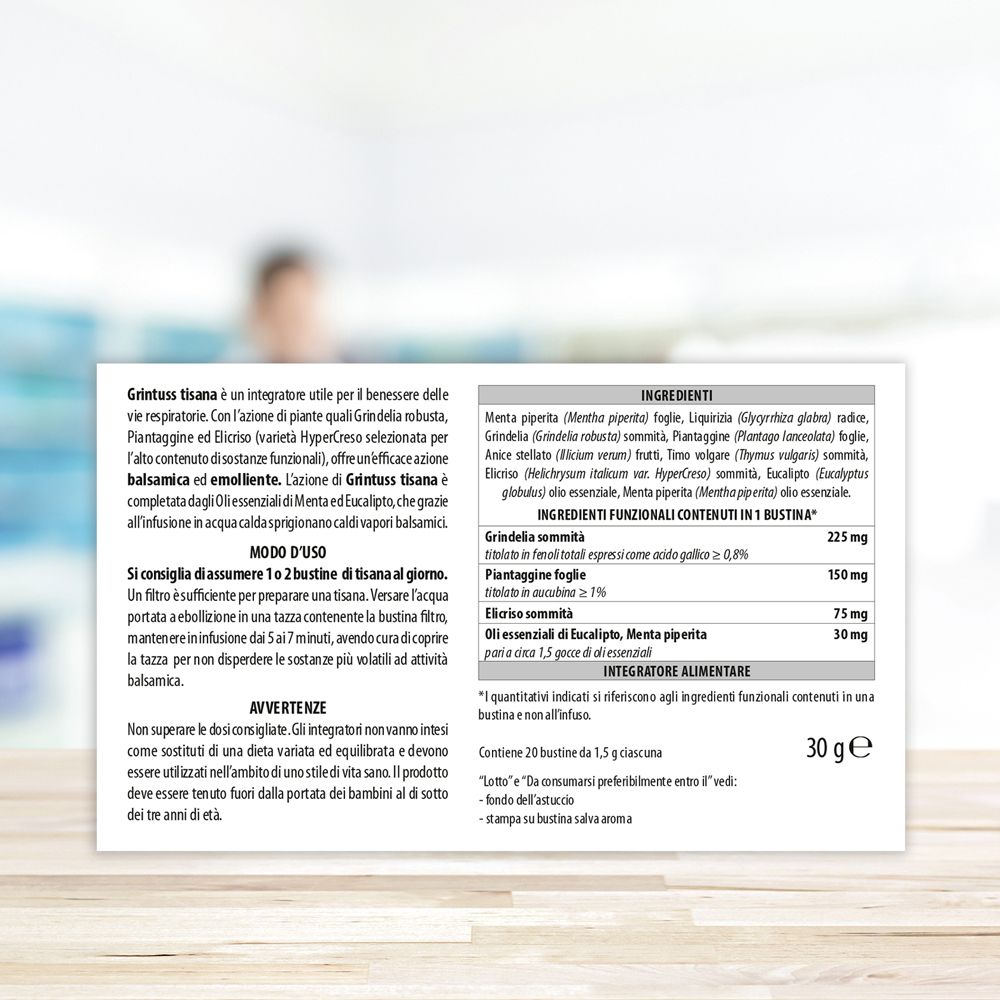 Retro della confezione con testo e ingredienti. Testo: grintuss, Tisana. 30 g. Aboca.
