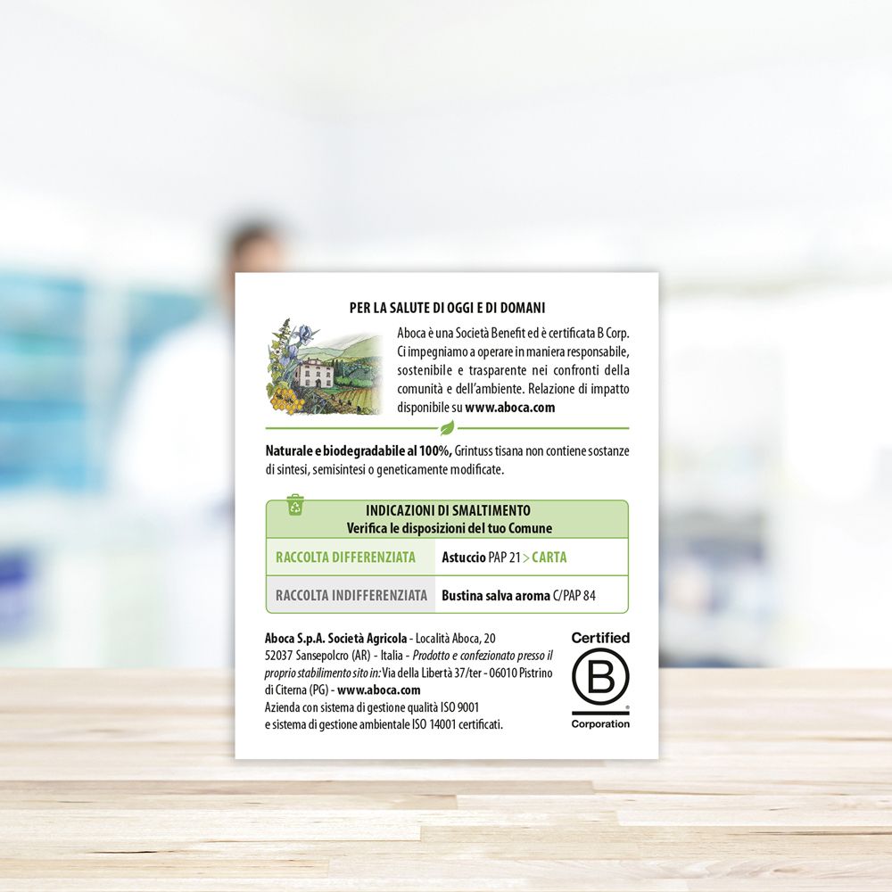 Retro della confezione con testo. Testo: Aboca, B Corp. Testo sulla sostenibilità. Logo B Corp.