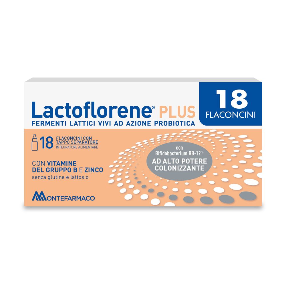 Lactoflorene® Plus, confezione. Contiene 18 flaconcini. Con vitamina B, zinco e batteri vivi.