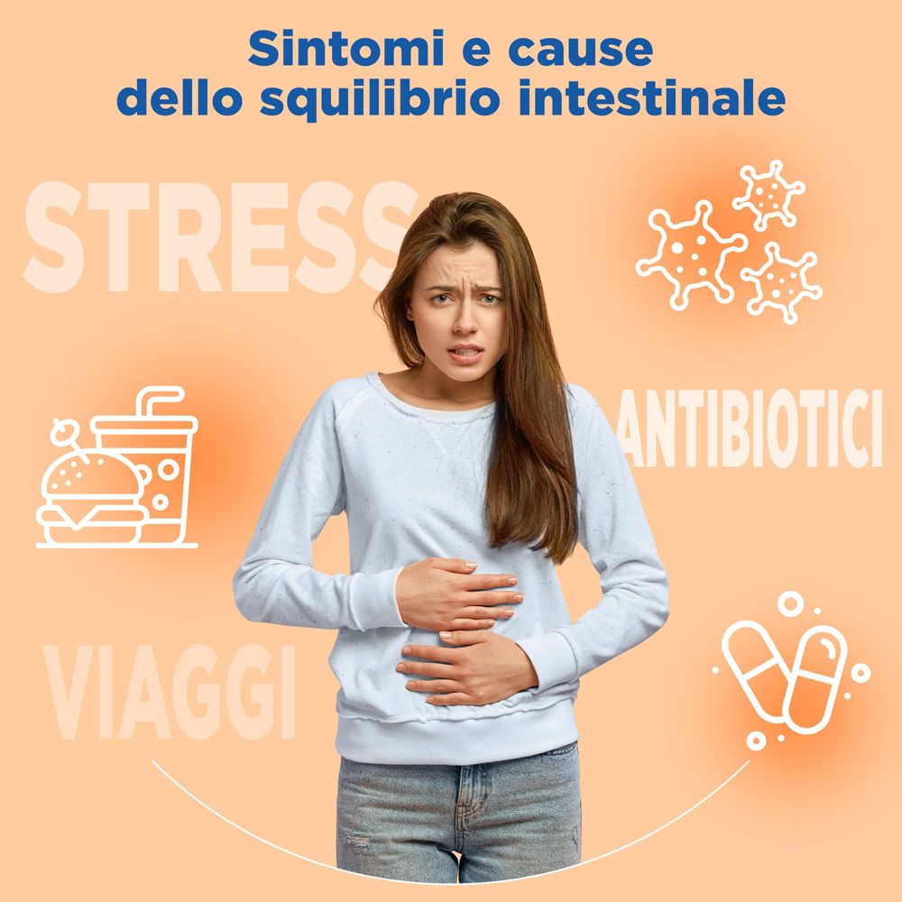 Donna con mal di pancia. Rappresentazione grafica di stress, viaggi, antibiotici e alimentazione.