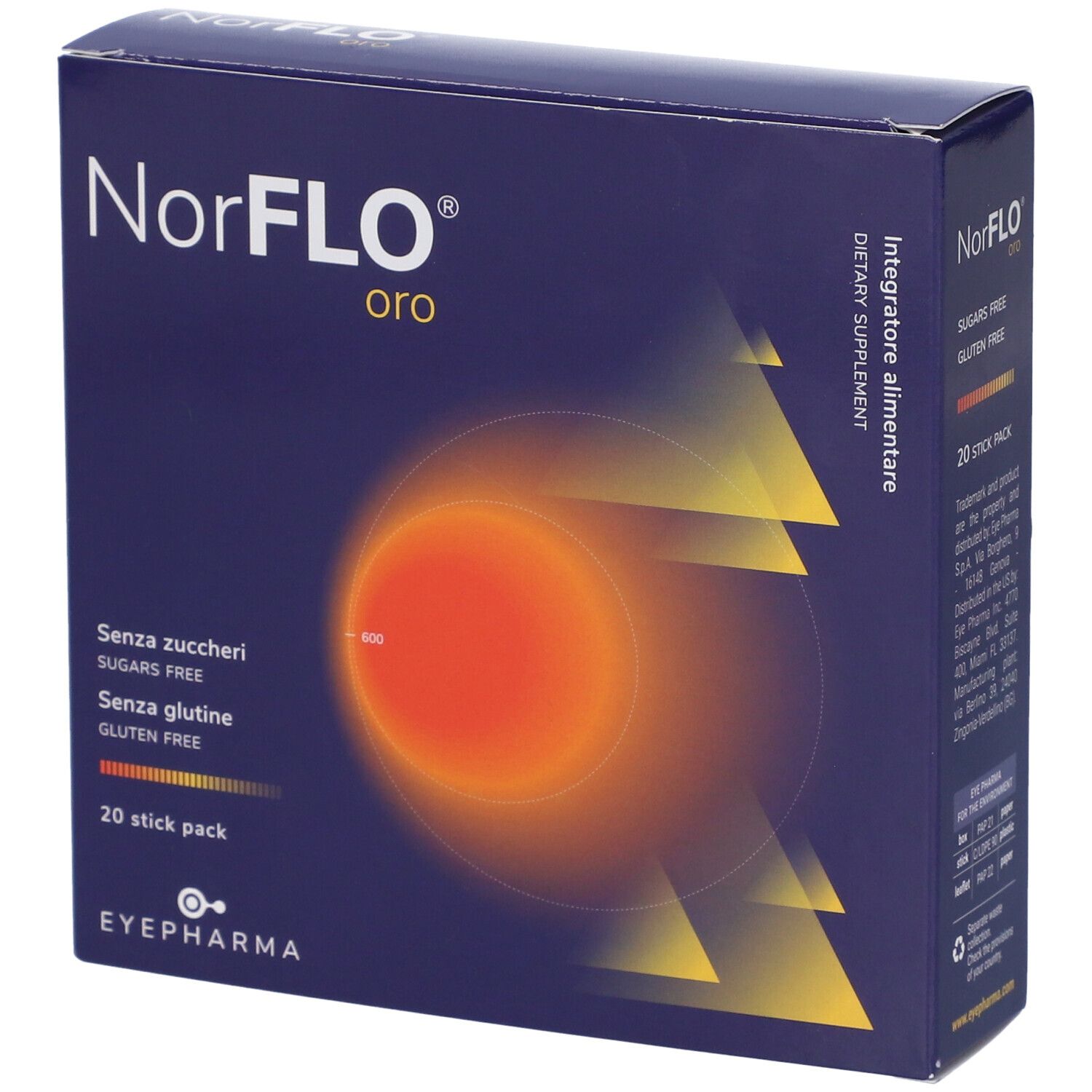Confezione prodotto, scatola blu con nome e dettagli. 20 stick pack. Senza zuccheri e glutine.