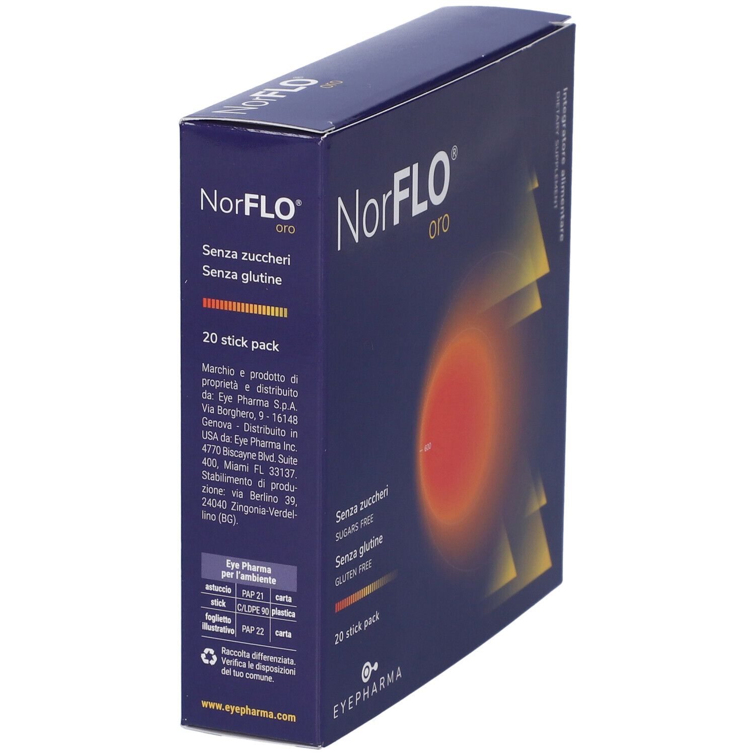 Confezione prodotto, scatola blu con nome e dettagli. 20 stick pack. Senza zuccheri e glutine.