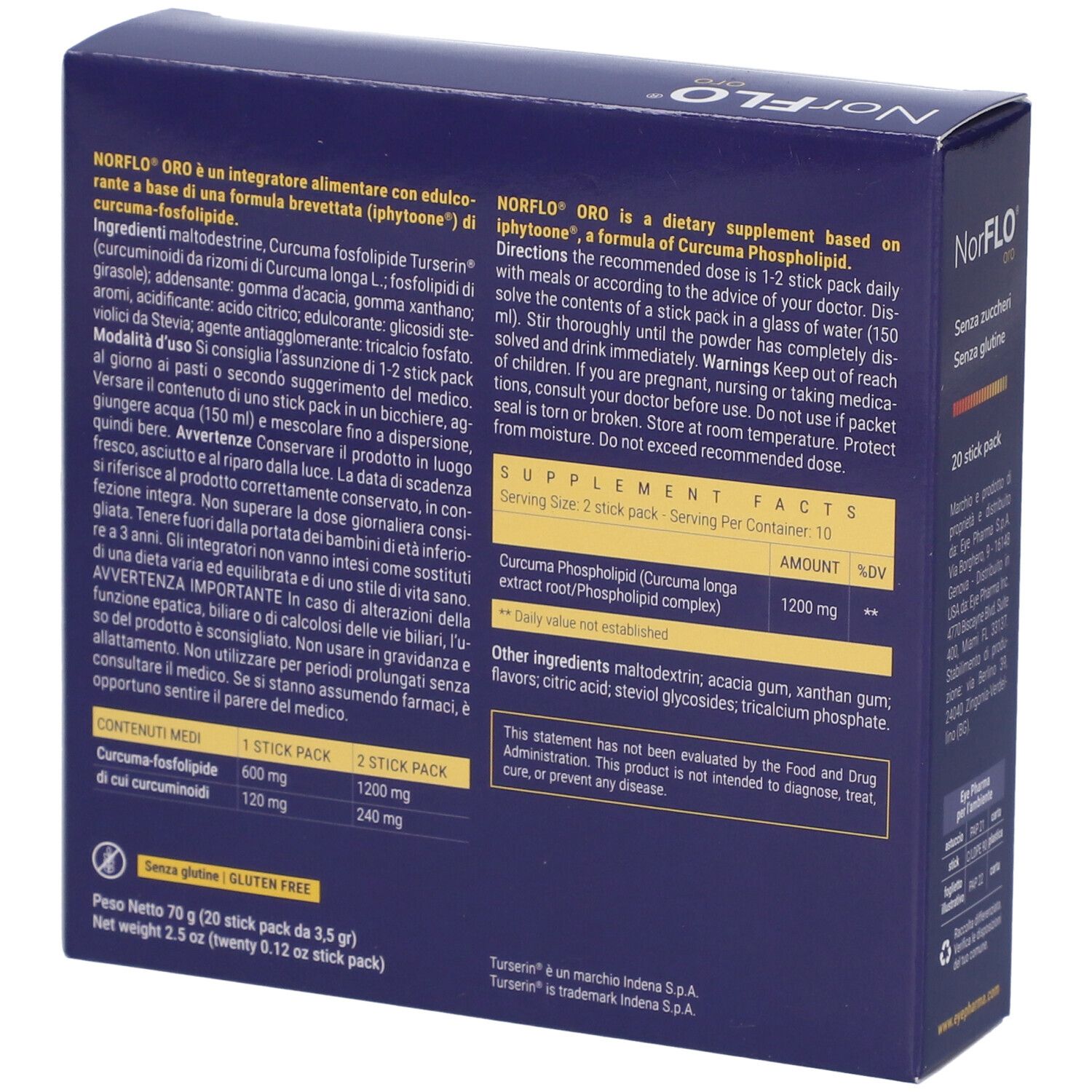 Retro della confezione del prodotto. Contiene informazioni su ingredienti e uso. 20 stick pack.