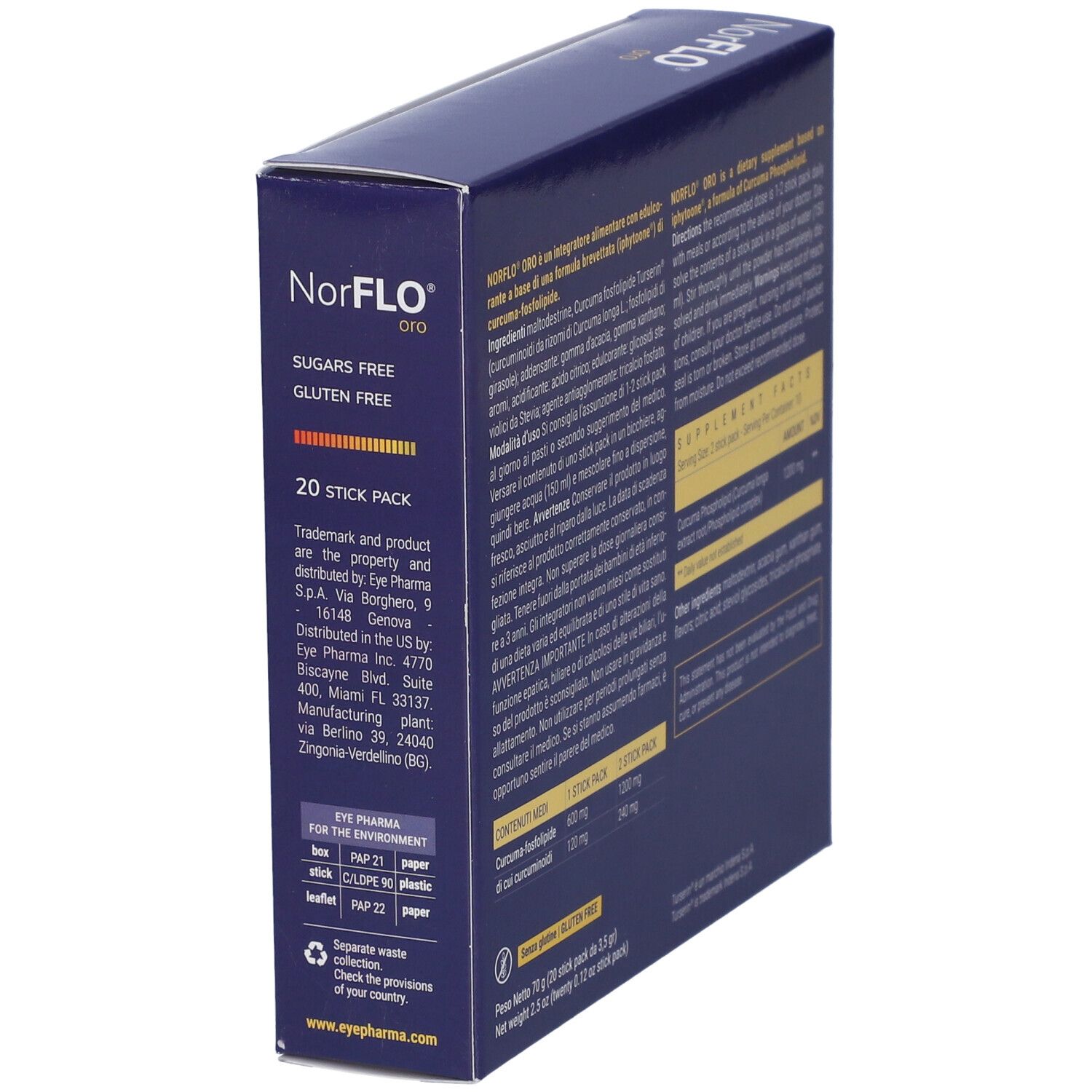 Confezione prodotto, scatola blu con nome e dettagli. 20 stick pack. Senza zuccheri e glutine.