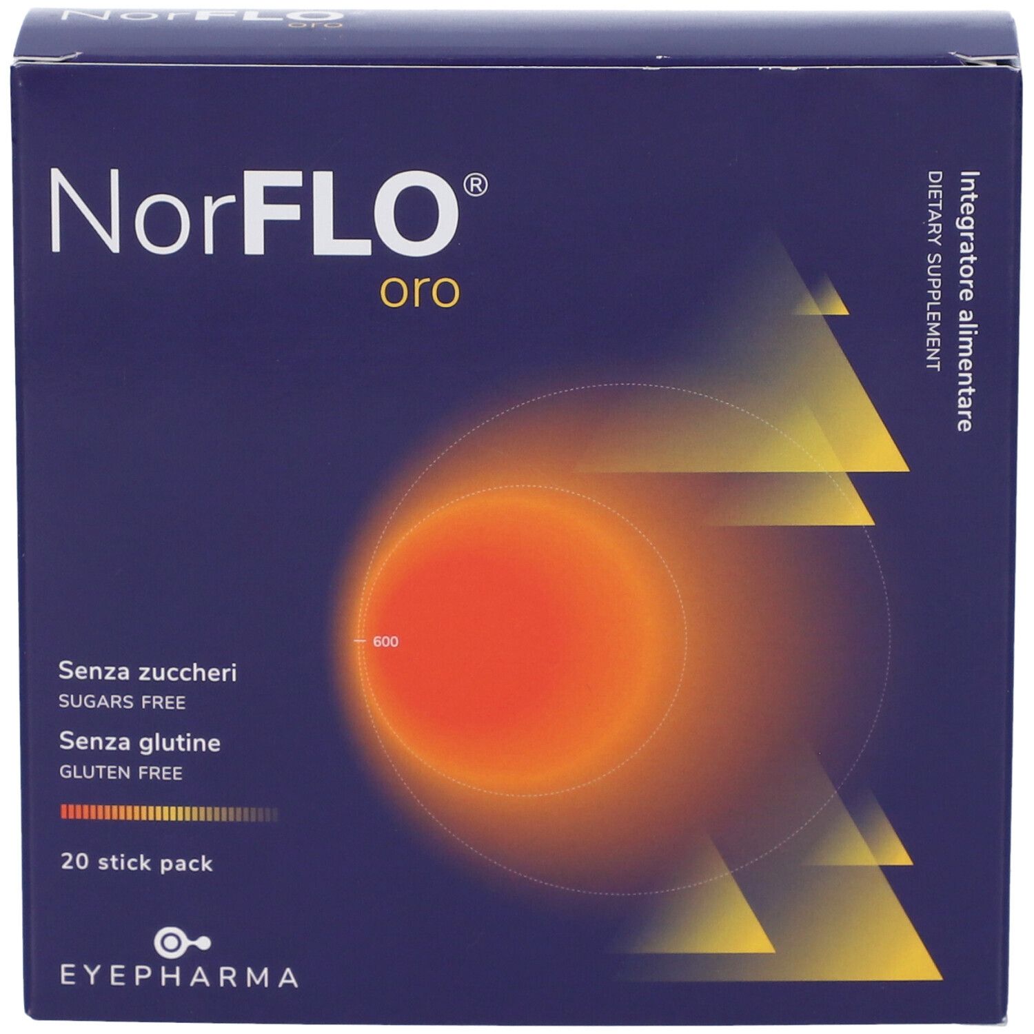 Scatola blu-oro con nome prodotto e dettagli. 20 stick pack. Senza zuccheri e glutine.