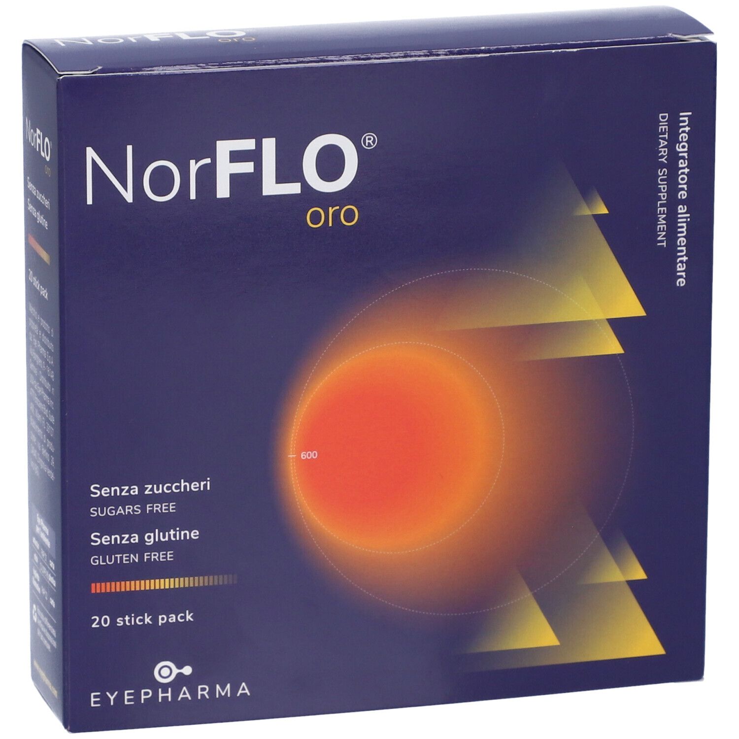 Scatola blu-oro con nome prodotto e dettagli. 20 stick pack. Senza zuccheri e glutine.