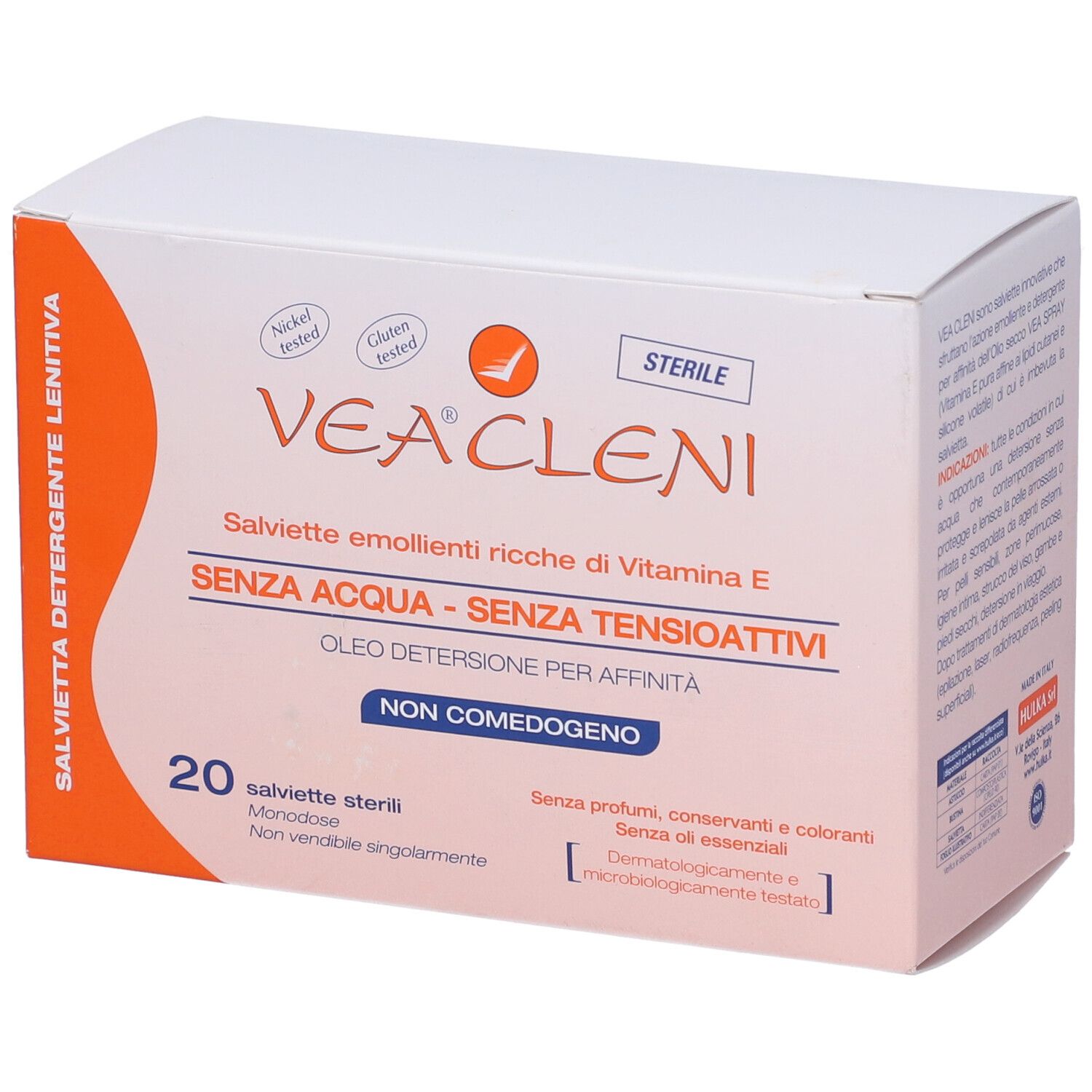 Scatola Vea Cleni. 20 salviette sterili. Senza acqua, senza tensioattivi. Testato nichel e glutine.