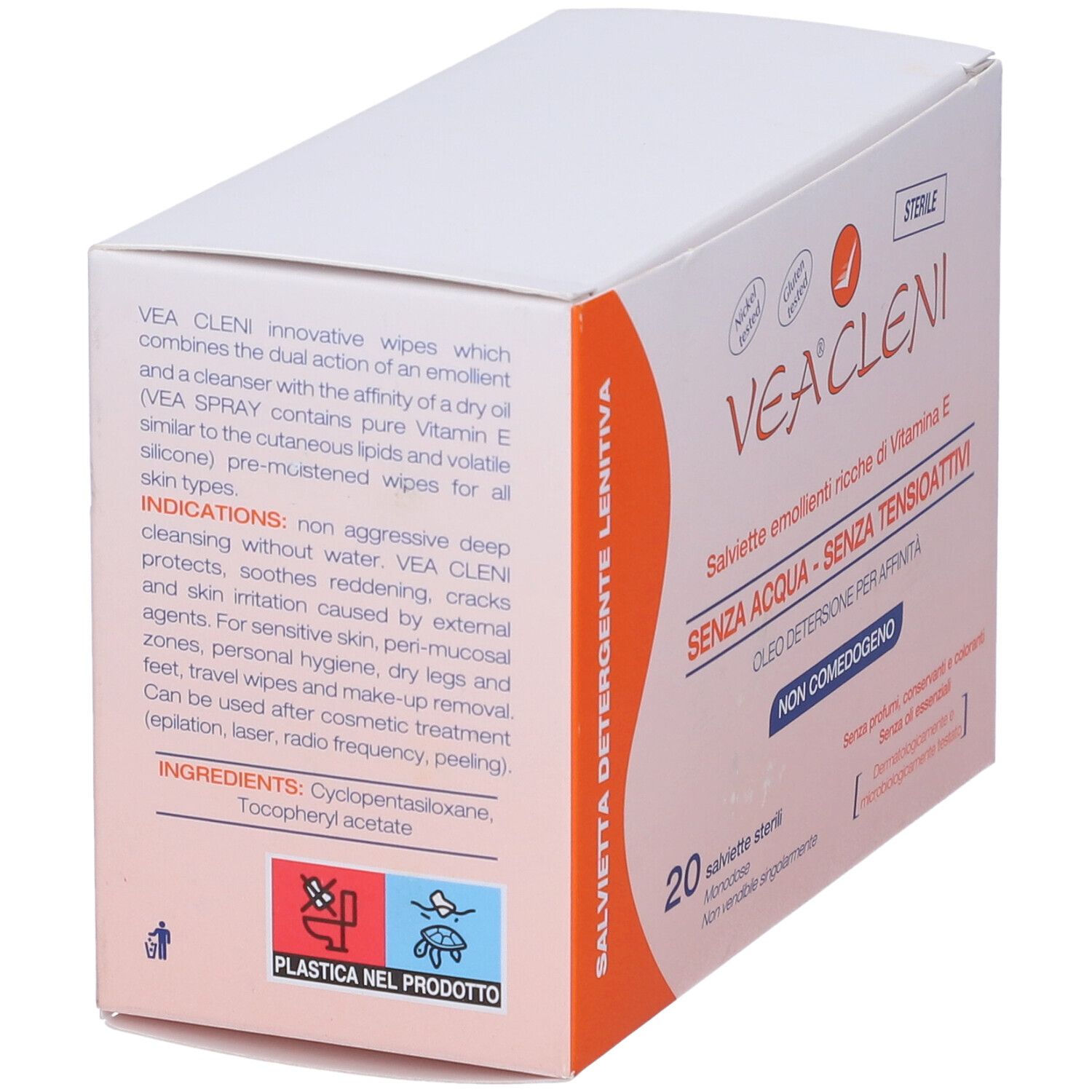 Scatola Vea Cleni. 20 salviette sterili. Senza acqua, senza tensioattivi. Non comedogeno.