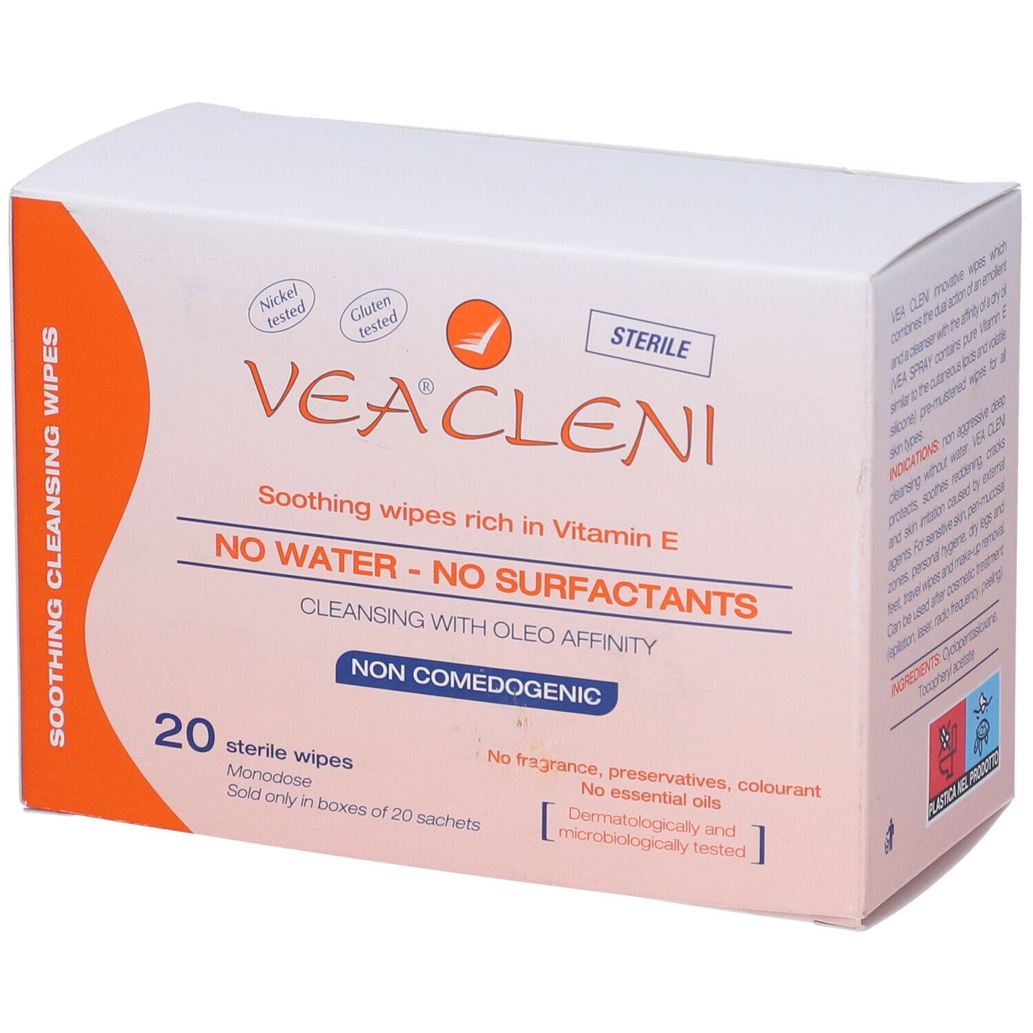 Scatola Vea Cleni. 20 salviette sterili. Senza acqua, senza tensioattivi. Non comedogeno.