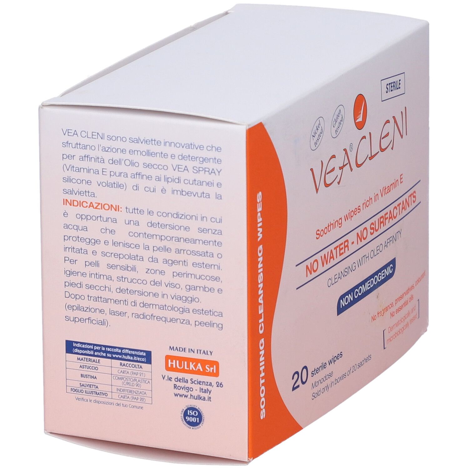 Scatola Vea Cleni. 20 salviette sterili. Senza acqua, senza tensioattivi. Non comedogeno.