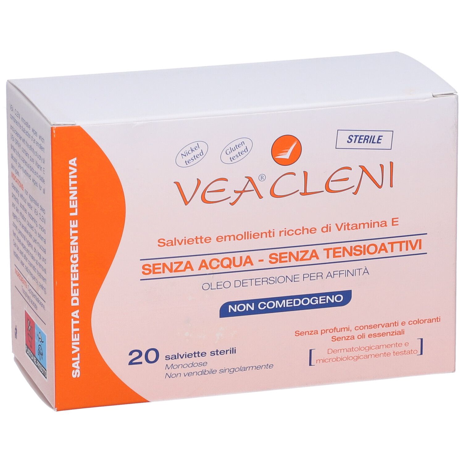 Scatola Vea Cleni. 20 salviette sterili. Senza acqua, senza tensioattivi. Testato nichel e glutine.