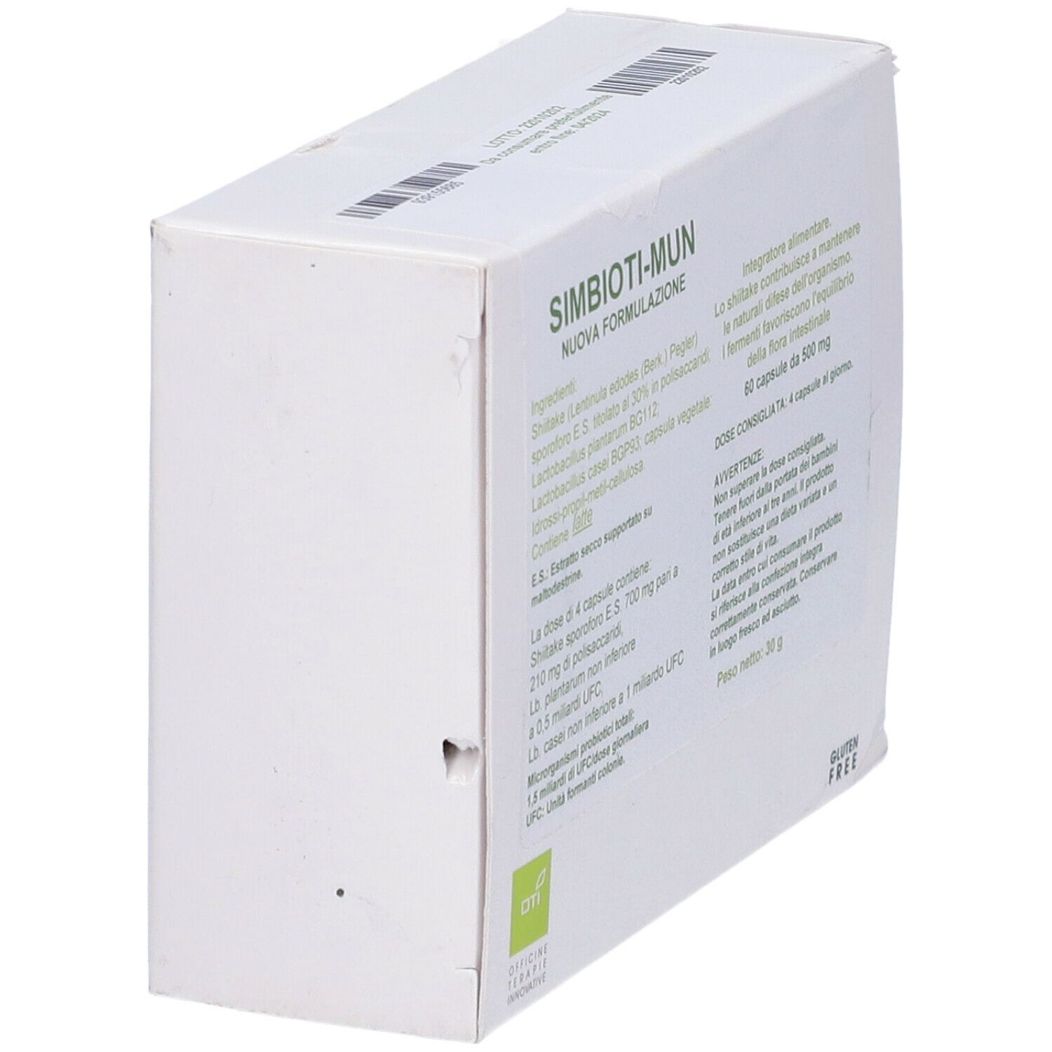 Scatola bianca, angolata. Scritto: Simbioti-Mun Nuova Formulazione. 60 capsule. Senza glutine. Logo OTI.