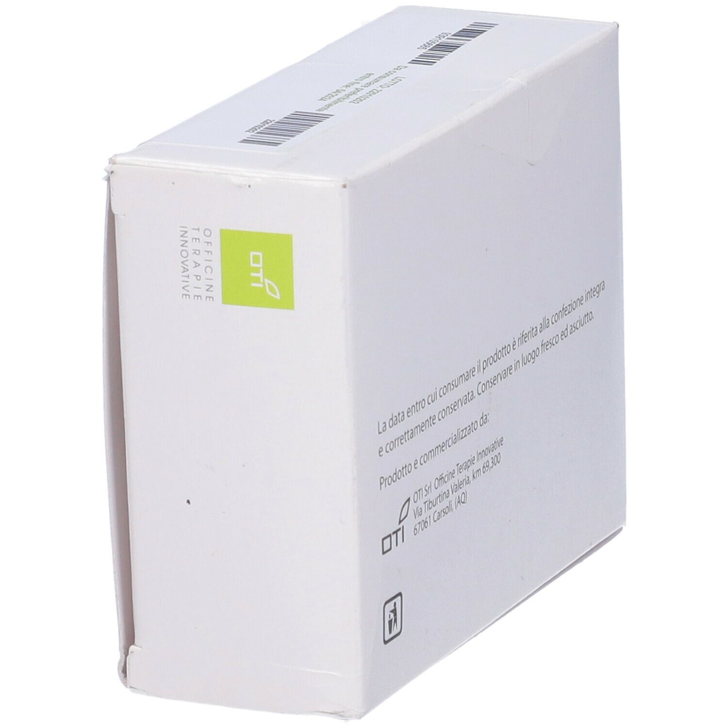 Scatola bianca angolata. Retro con testo e logo OTI. Simbolo senza glutine.