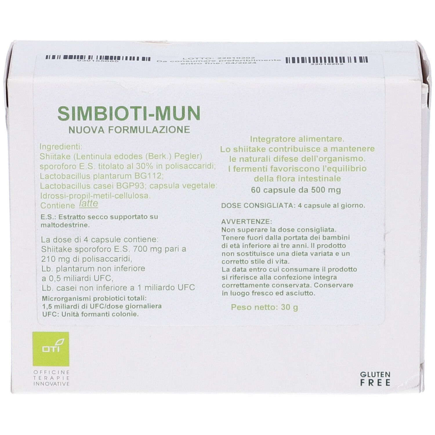 Scatola bianca con informazioni sul prodotto. Scritto: Simbioti-Mun Nuova Formulazione. 60 capsule. Senza glutine.