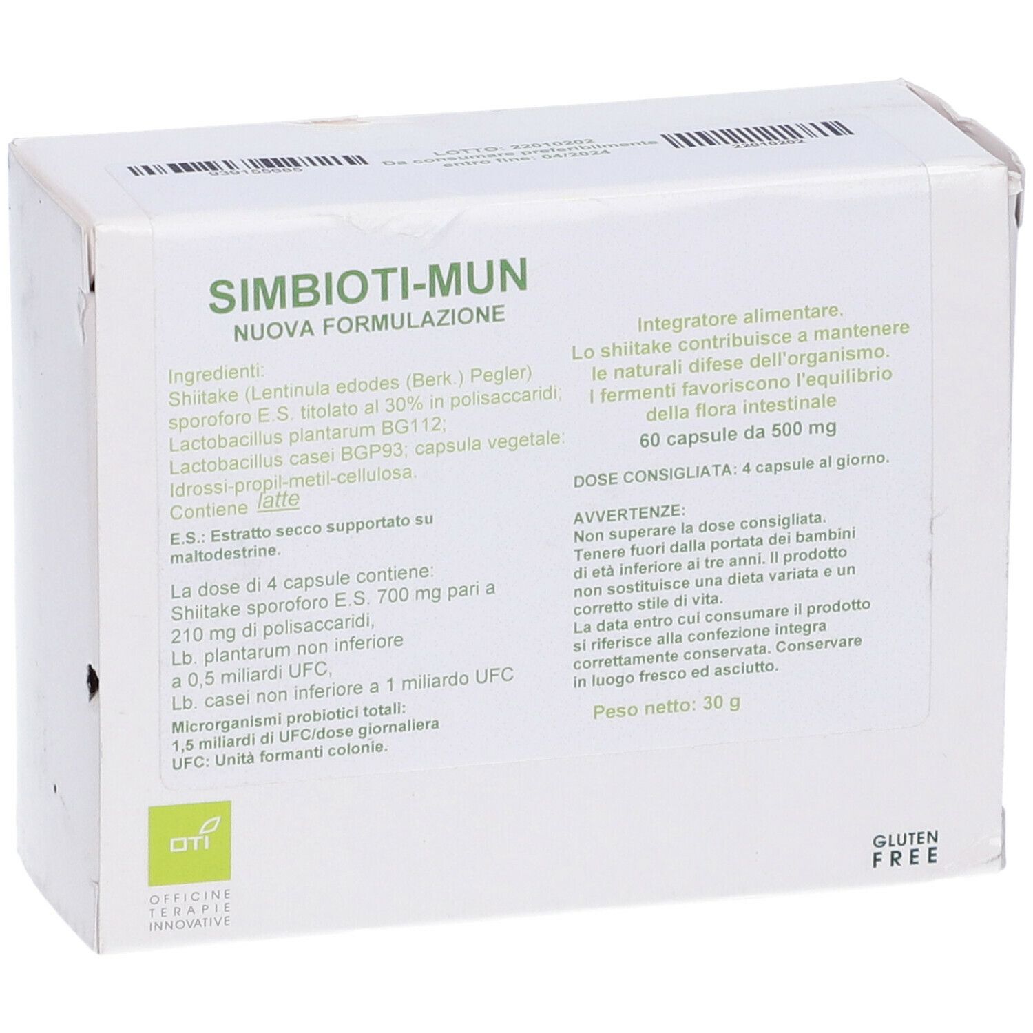 Scatola bianca con informazioni sul prodotto. Scritto: Simbioti-Mun Nuova Formulazione. 60 capsule. Senza glutine.