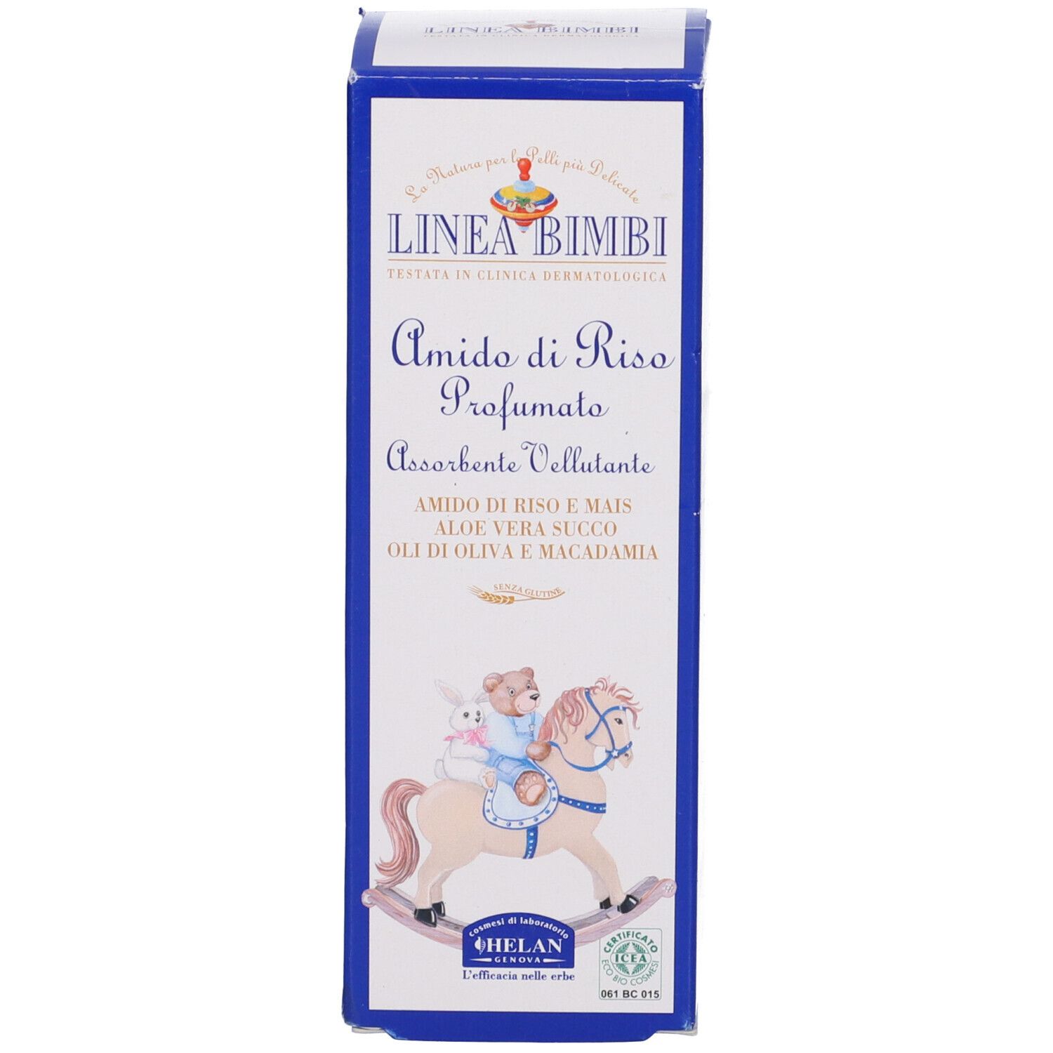 Scatola blu. Scritta LINEA BIMBI, Amido di Riso Profumato. Illustrazione cavallo a dondolo. Logo HELAN.