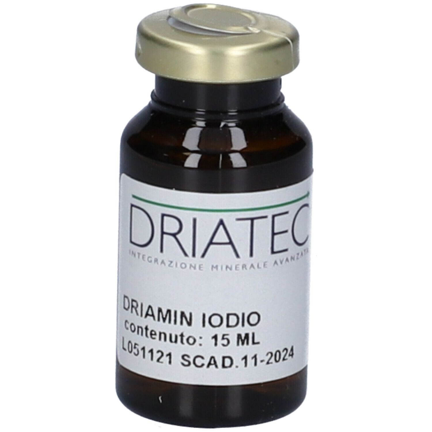 Flacone marrone con tappo dorato. Etichetta con nome, 15 ml e scadenza.